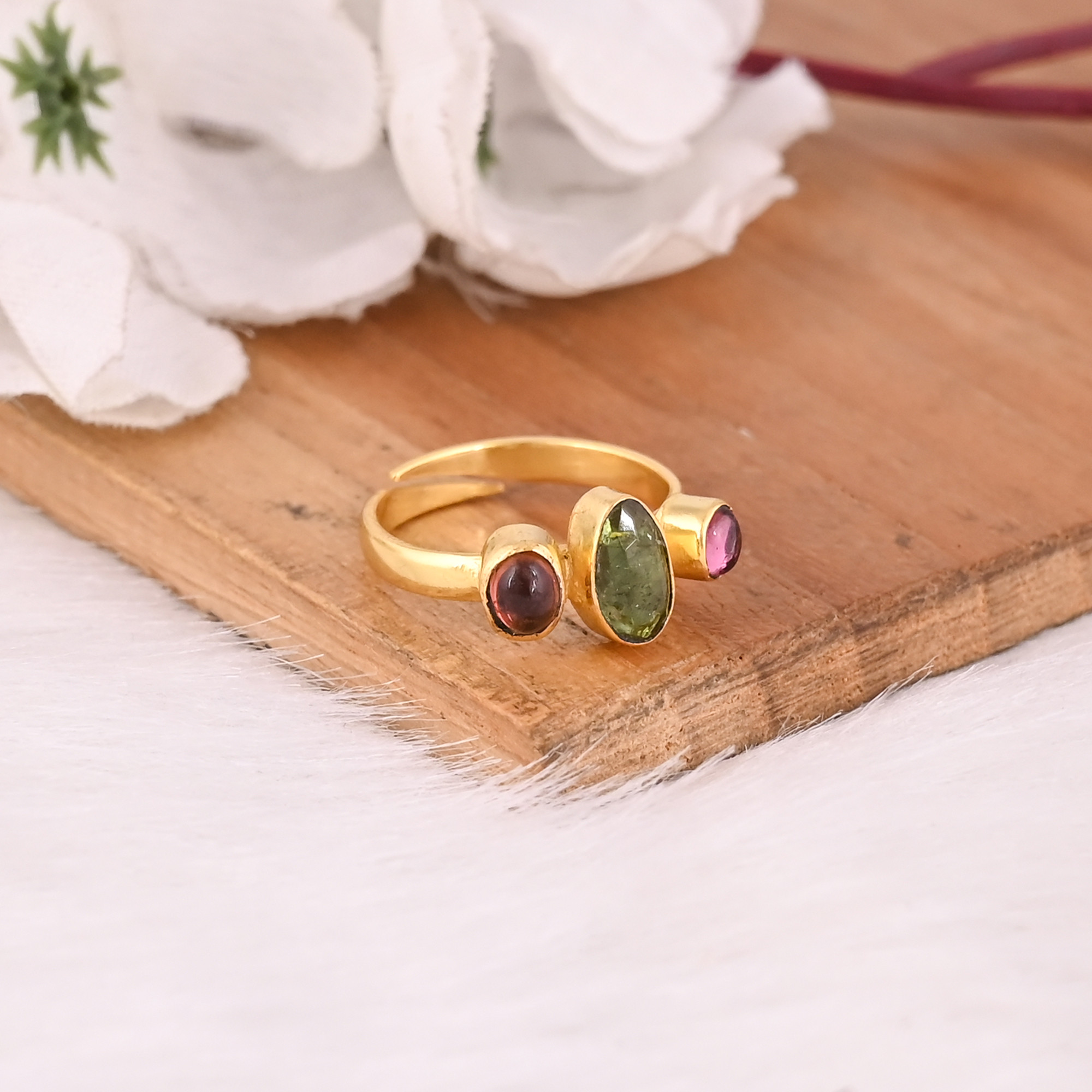 Natural Tourmaline Gemstone Gold Plated Ring 925 Sterling Silver Adjustable Ring Classic Fashionable Ring For Wedding