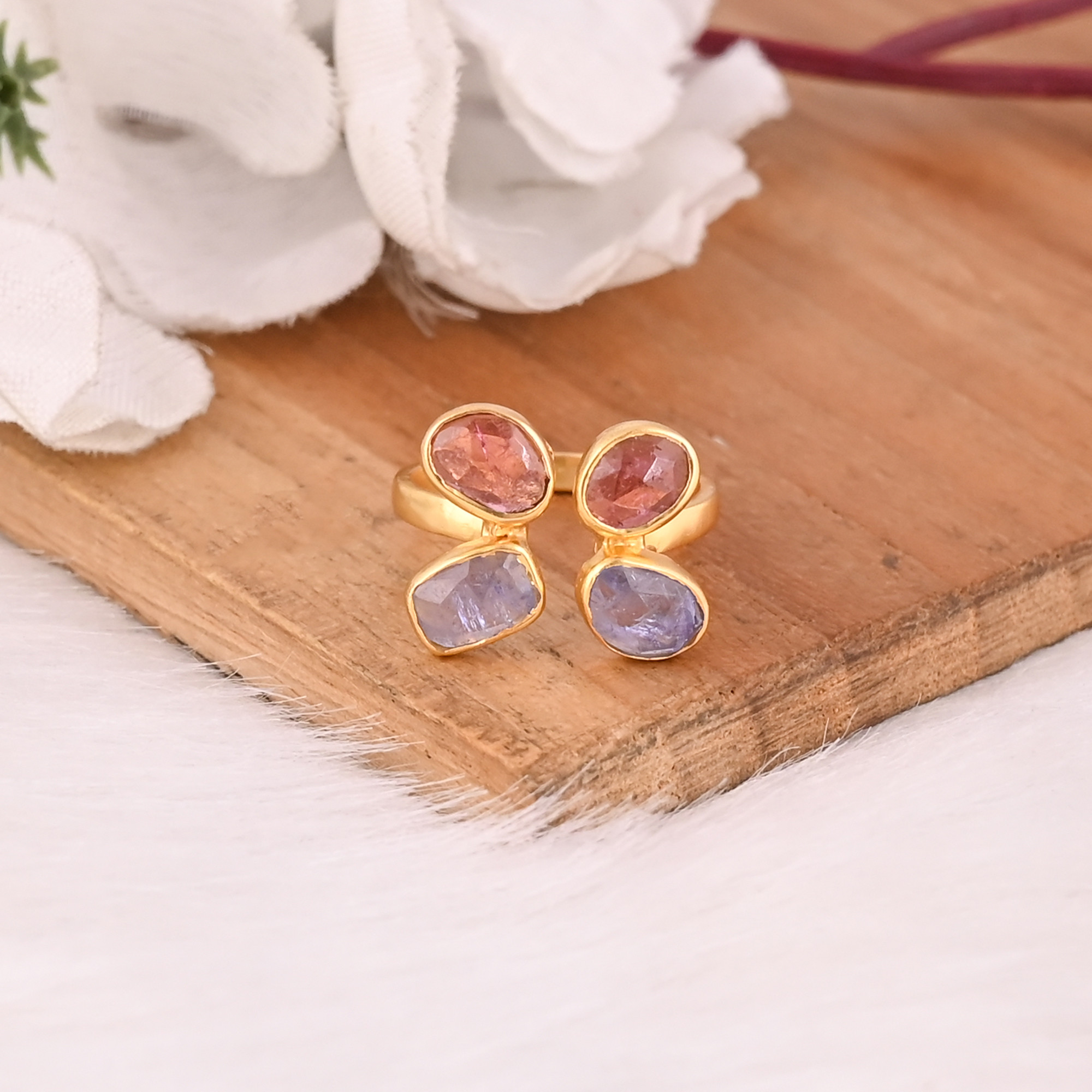 Handmade 925 Sterling Silver Gold Plated Rings Natural Tourmaline Gemstone Bezel Set Adjustable Ring For Anniversary Gift