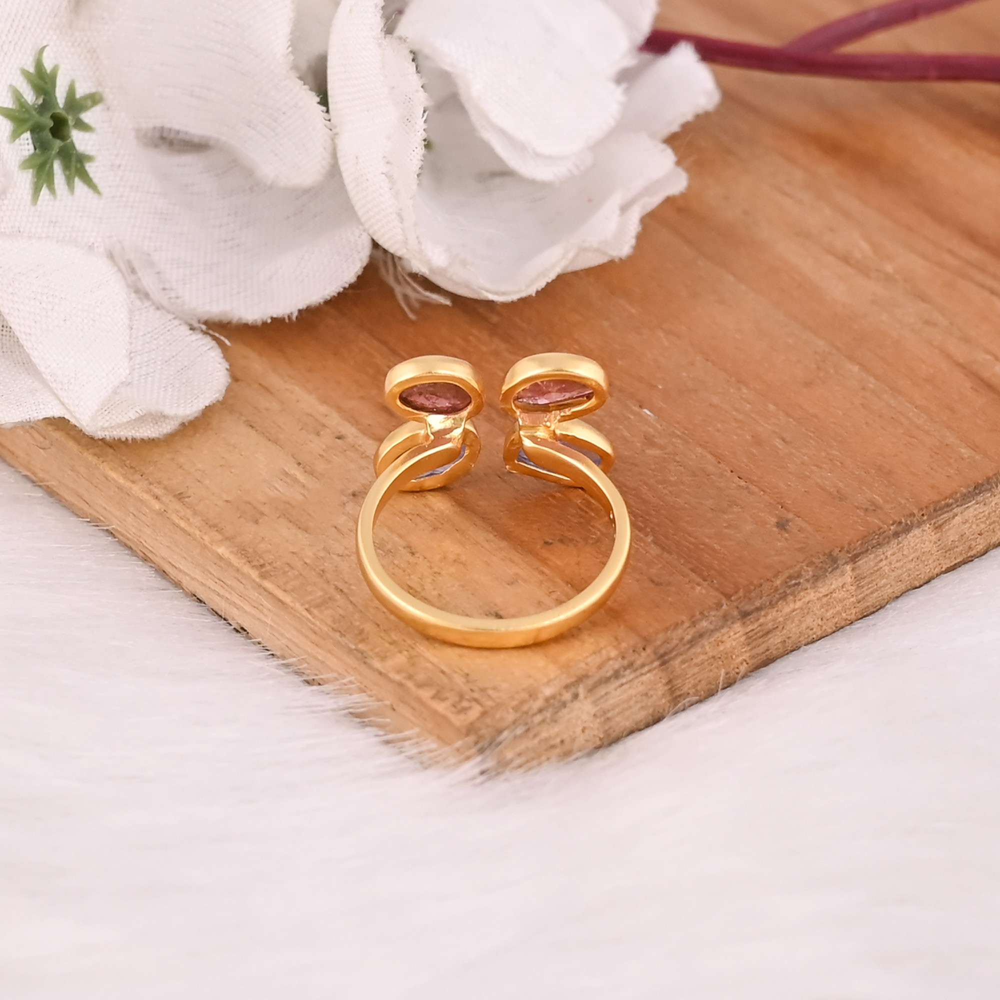 Handmade 925 Sterling Silver Gold Plated Rings Natural Tourmaline Gemstone Bezel Set Adjustable Ring For Anniversary Gift