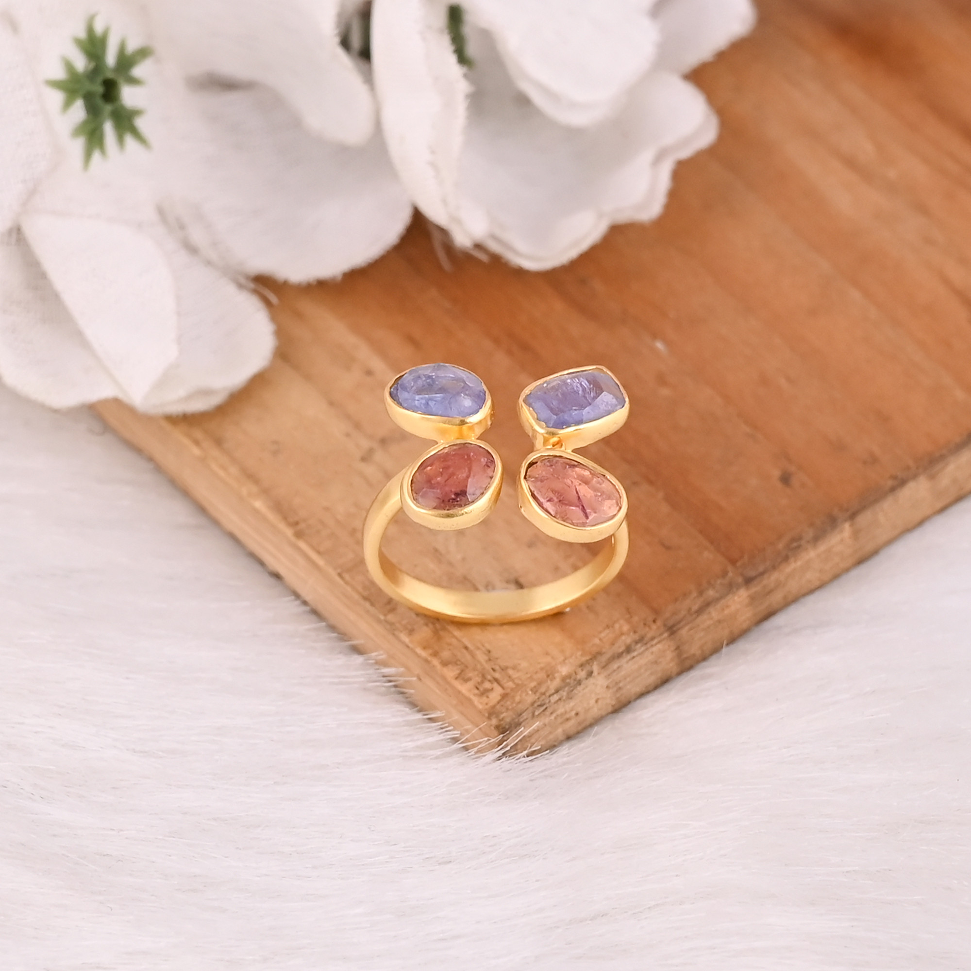 Handmade 925 Sterling Silver Gold Plated Rings Natural Tourmaline Gemstone Bezel Set Adjustable Ring For Anniversary Gift