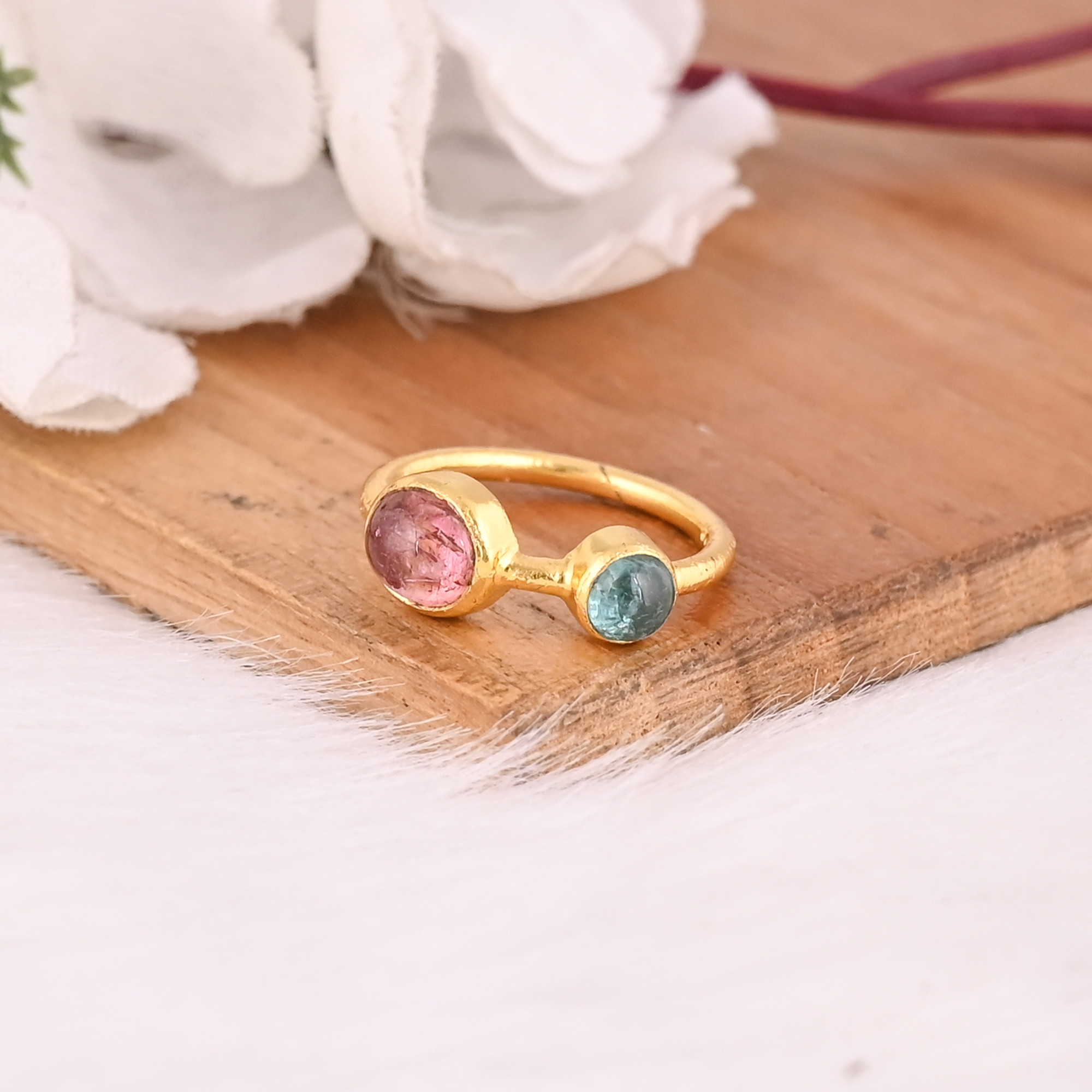 Solid 925 Sterling Silver Womens Promise Ring Natural Tourmaline Gemstones Gold Plated Alternative Rings Gift For Women