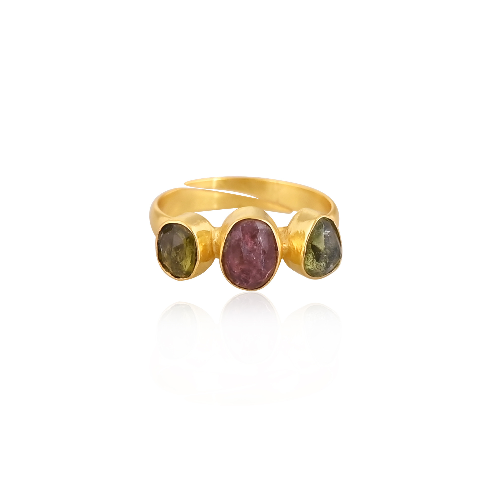 Wholesale 925 Sterling Silver Fine Jewelry Classic Style Gold Plated Tourmaline Stone Ring with Natural Gemstone Adjustable Ring