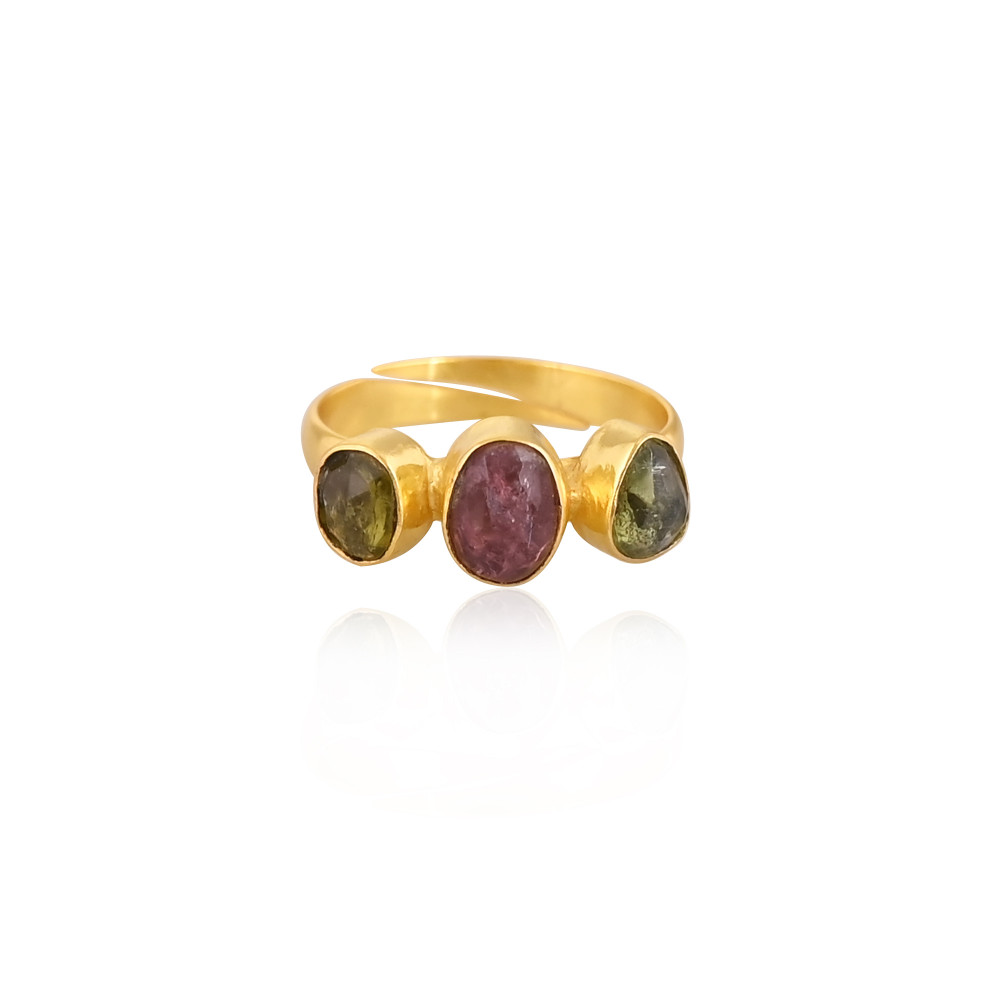 Image of Wholesale 925 Sterling Silver Fine Jewelry Classic Style Gold Plated Tourmaline Stone Ring with Natural Gemstone Adjustable Ring