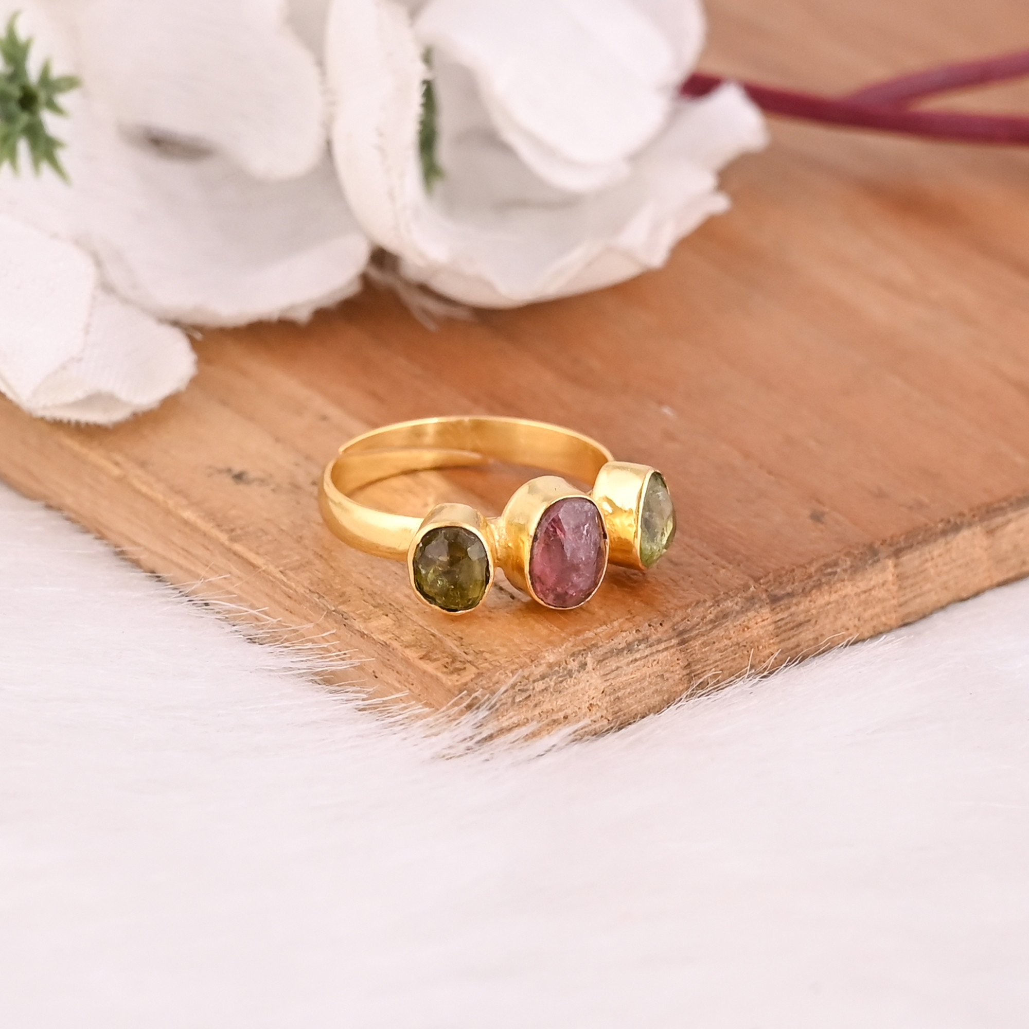 Wholesale 925 Sterling Silver Fine Jewelry Classic Style Gold Plated Tourmaline Stone Ring with Natural Gemstone Adjustable Ring