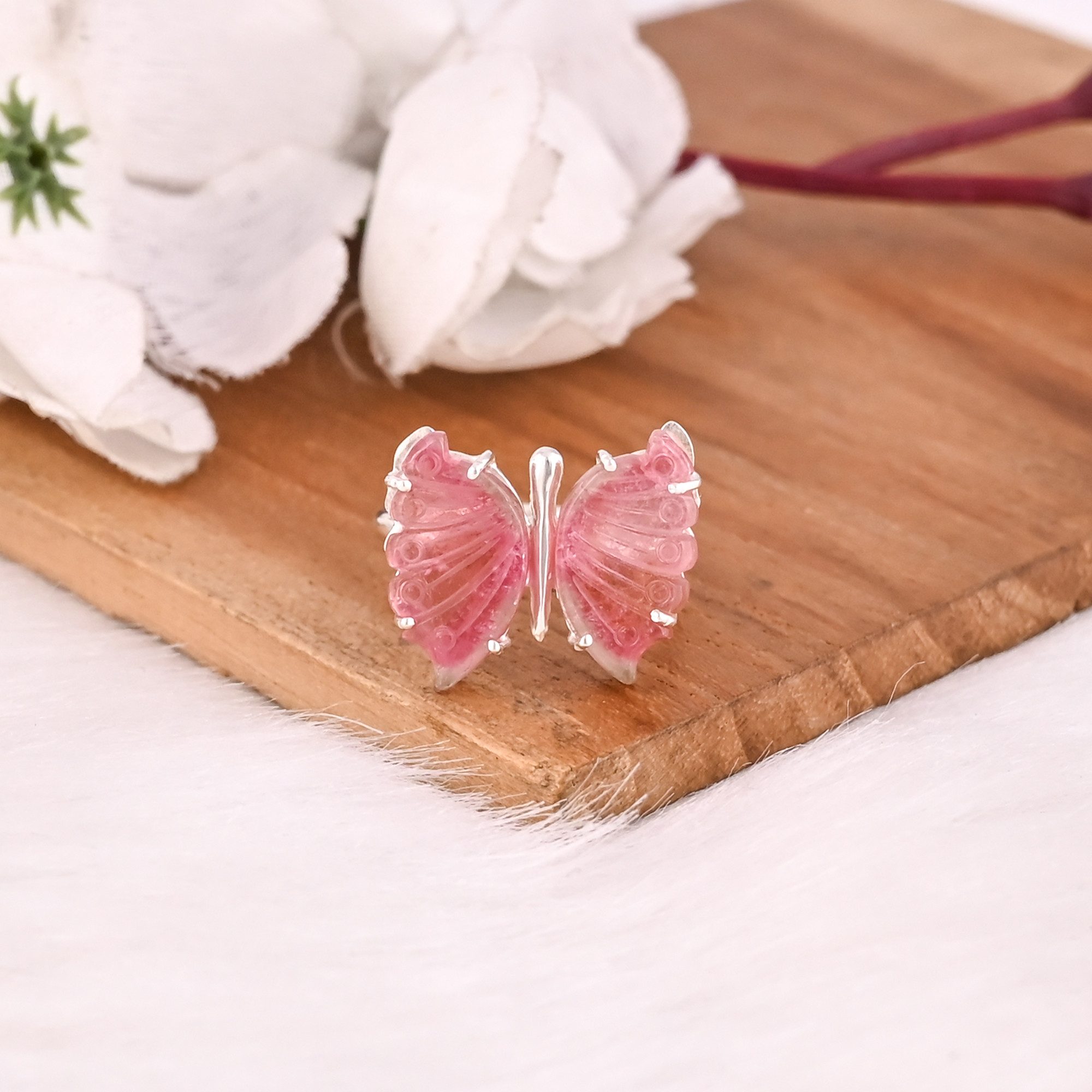 Wholesale 925 Sterling Silver Fine Jewelry Classic Style Bio Tourmaline Stone Ring with Natural Gemstone Carving Stone Ring