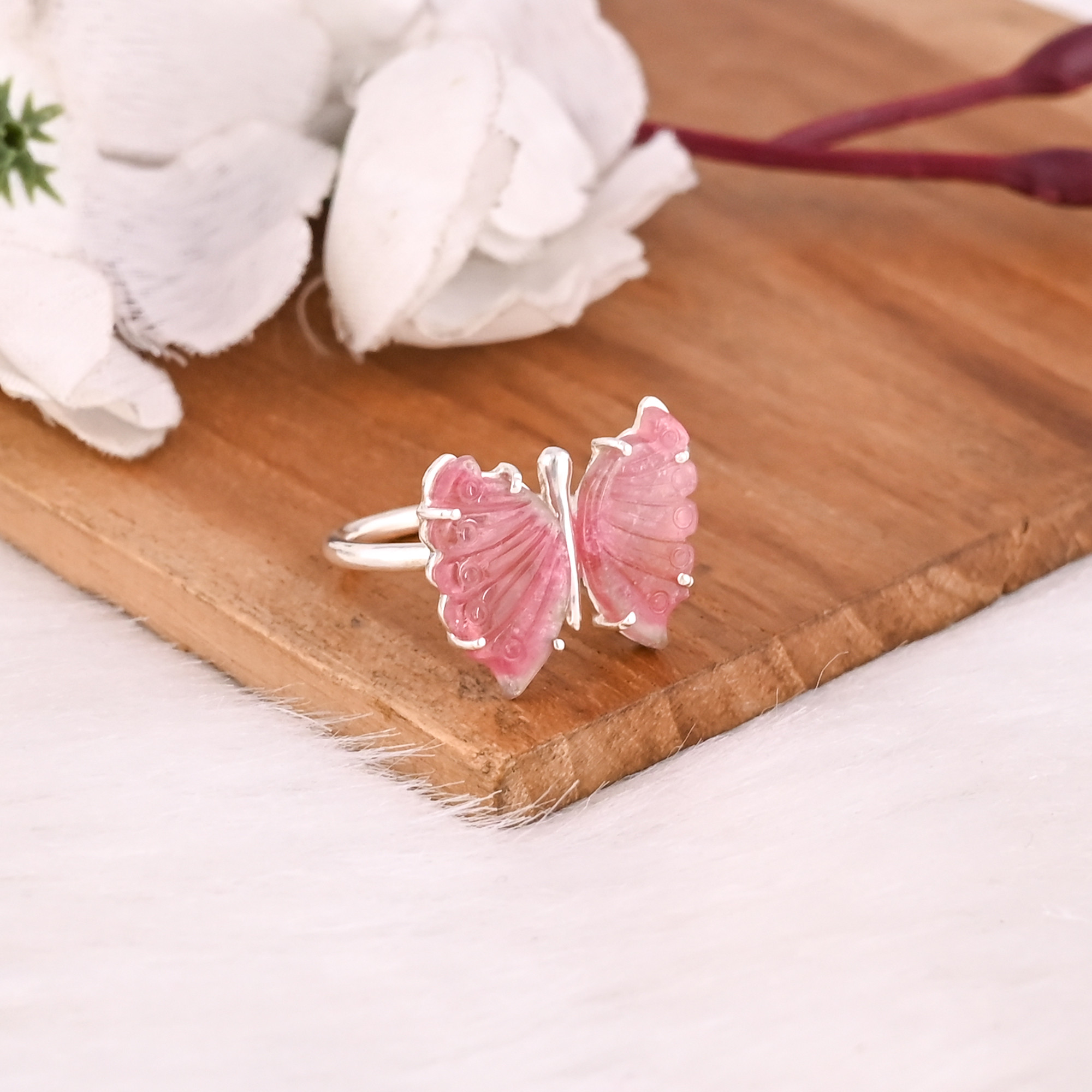 Wholesale 925 Sterling Silver Fine Jewelry Classic Style Bio Tourmaline Stone Ring with Natural Gemstone Carving Stone Ring