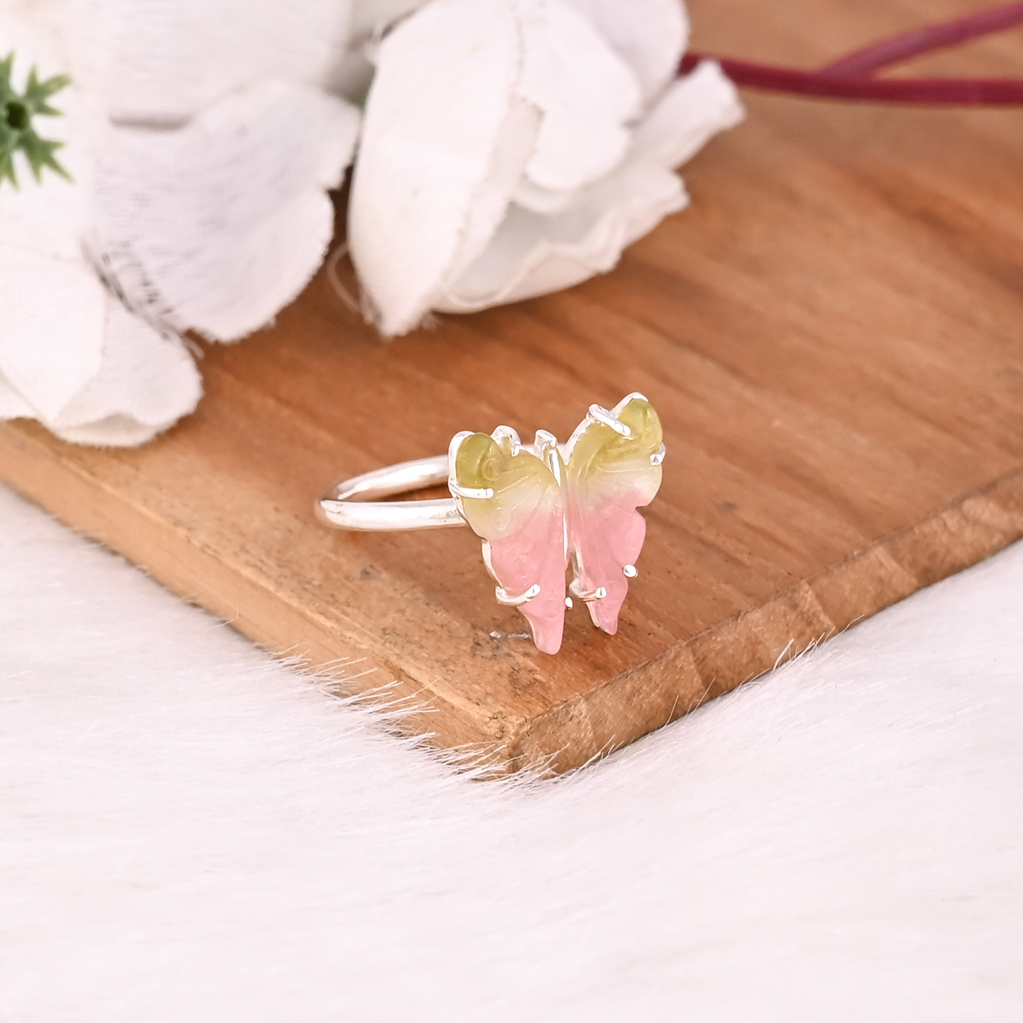 Wholesale 925 Sterling Silver Fine Jewelry Classic Style Bio Tourmaline Stone Ring with Natural Gemstone Butterfly Carving Ring