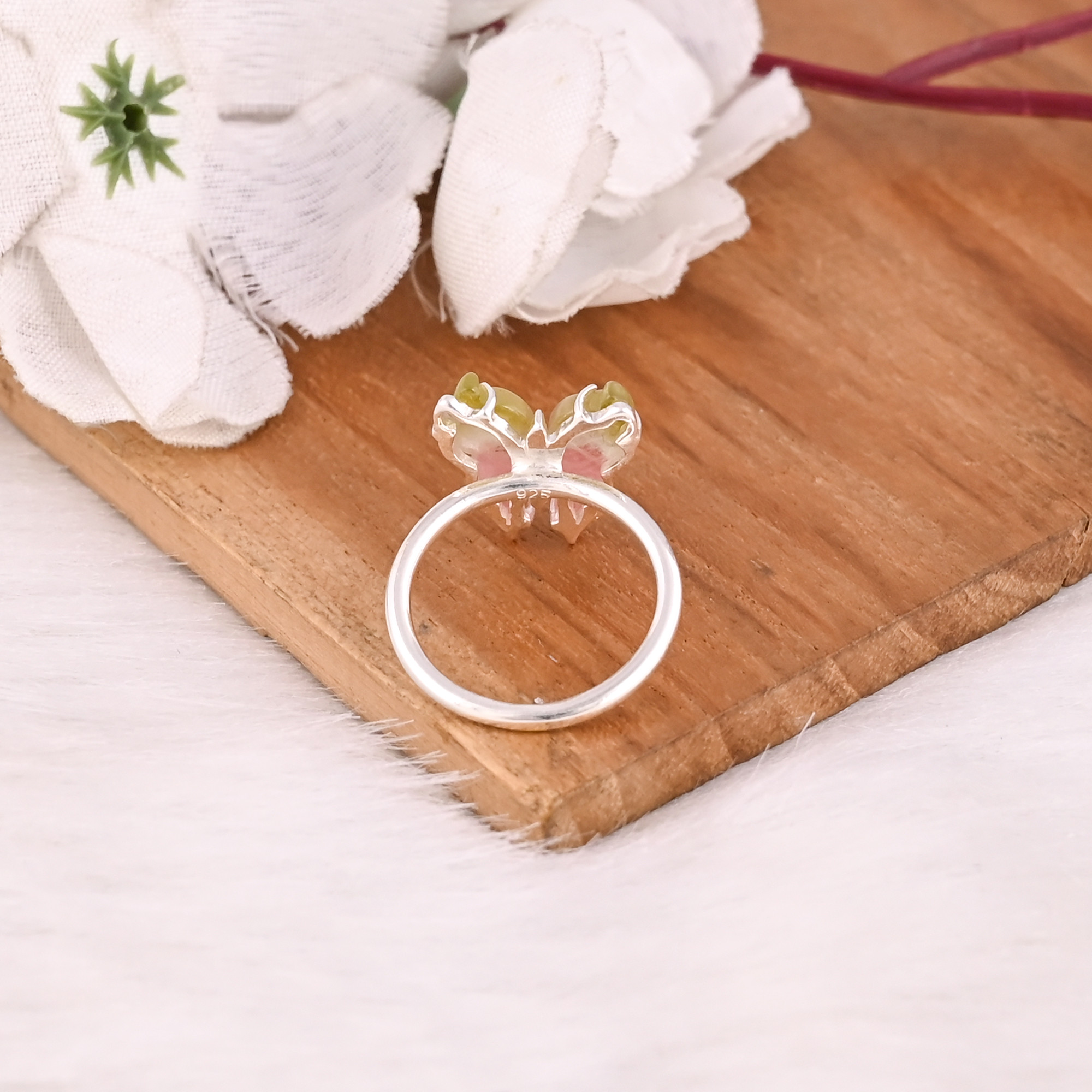 Wholesale 925 Sterling Silver Fine Jewelry Classic Style Bio Tourmaline Stone Ring with Natural Gemstone Butterfly Carving Ring