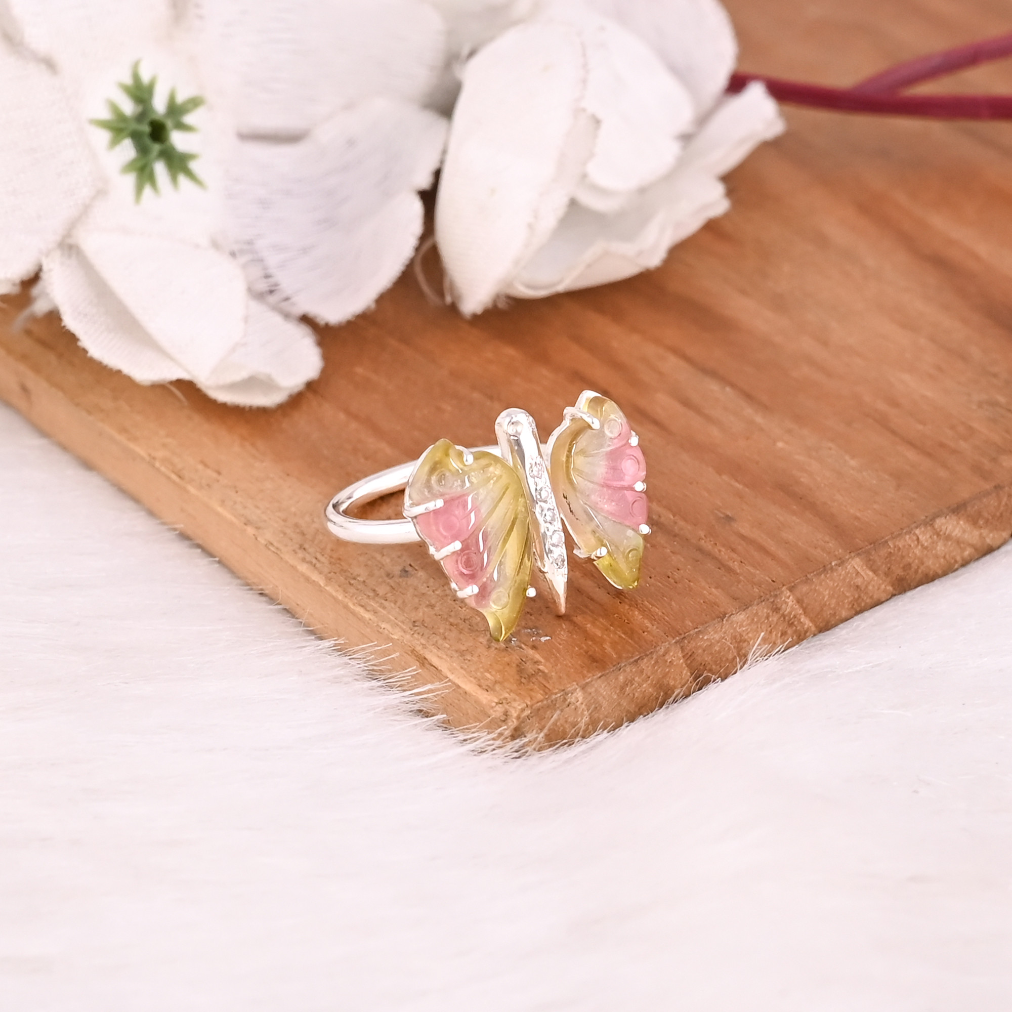 925 Sterling Silver Fine Jewelry Classic Style Bio Tourmaline Stone Ring with Natural Gemstone Butterfly Carving Ring