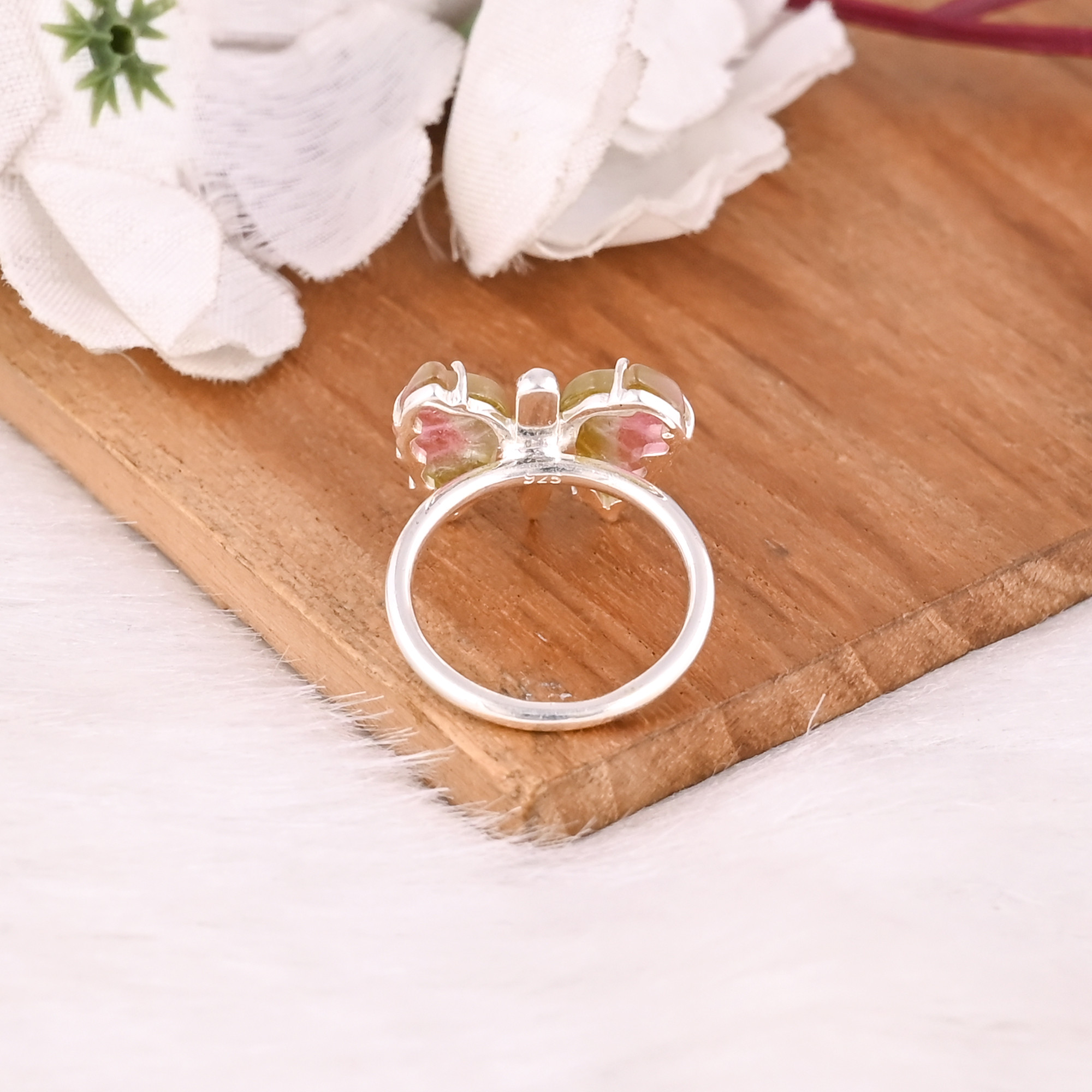 925 Sterling Silver Fine Jewelry Classic Style Bio Tourmaline Stone Ring with Natural Gemstone Butterfly Carving Ring