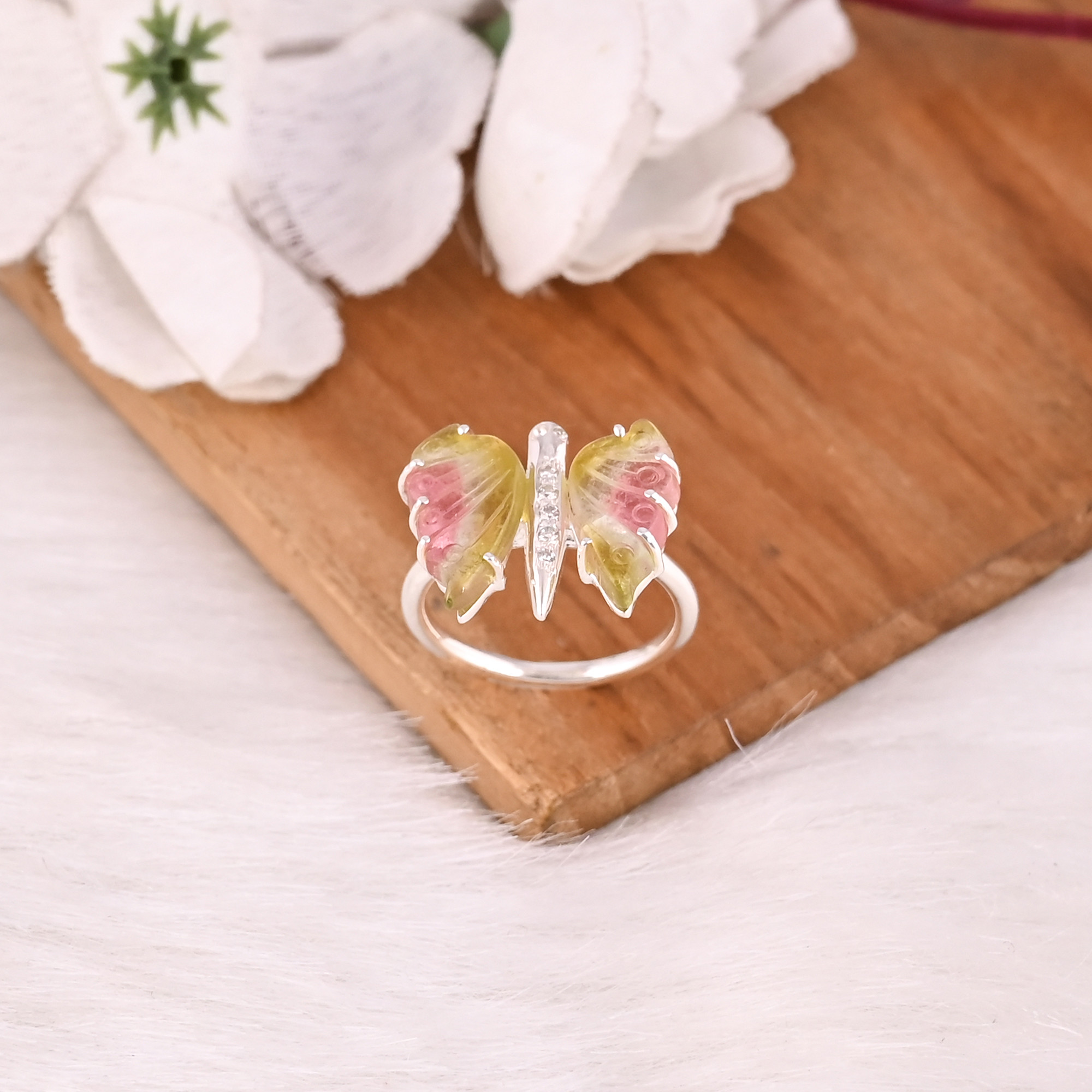 925 Sterling Silver Fine Jewelry Classic Style Bio Tourmaline Stone Ring with Natural Gemstone Butterfly Carving Ring