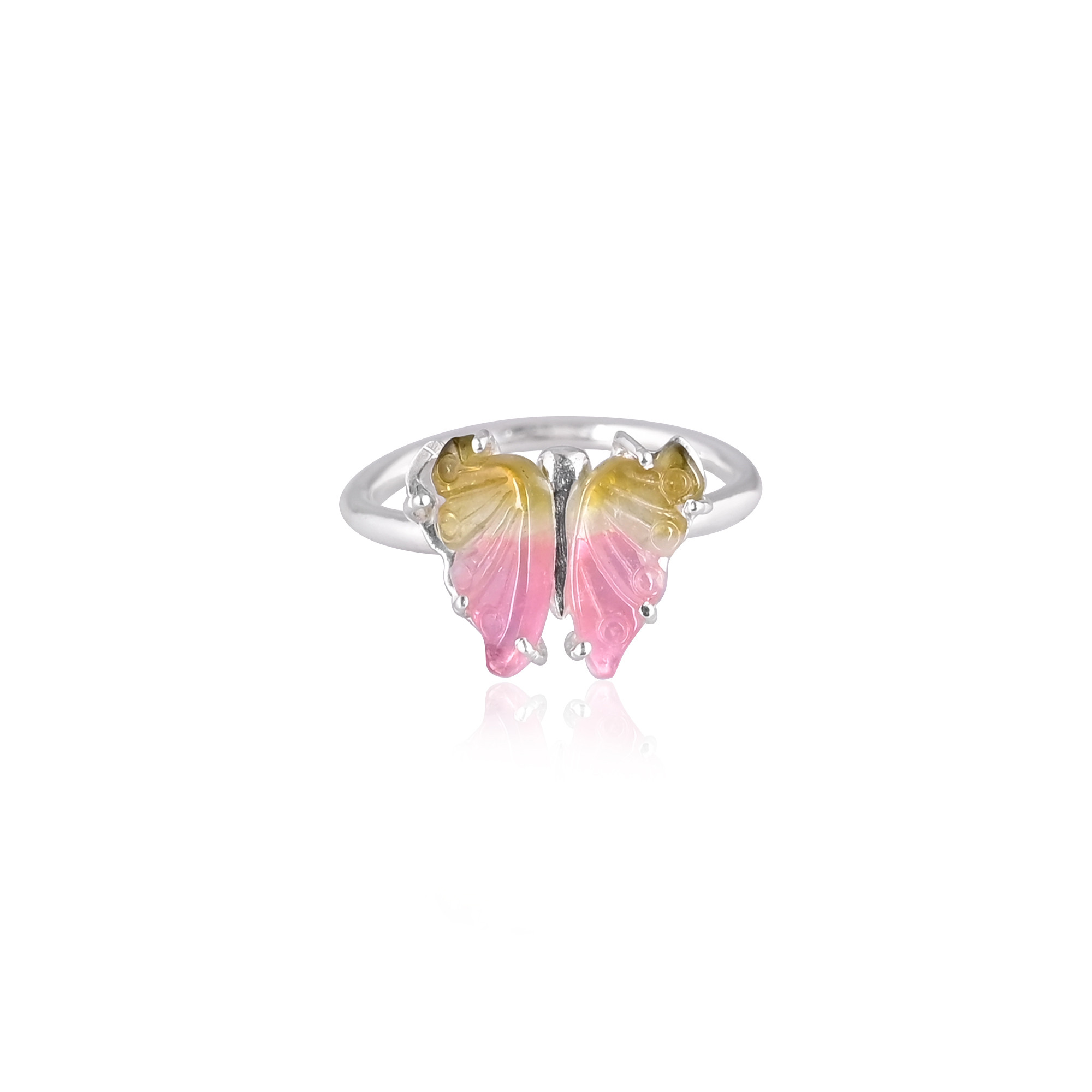 925 Sterling Silver Fine Jewelry Classic Style Bio Tourmaline Stone Ring with Natural Gemstone Butterfly Carving Ring