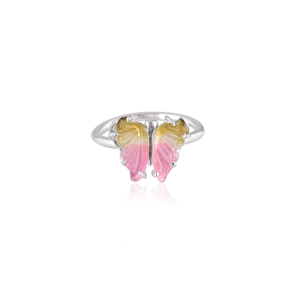 Image of 925 Sterling Silver Fine Jewelry Classic Style Bio Tourmaline Stone Ring with Natural Gemstone Butterfly Carving Ring