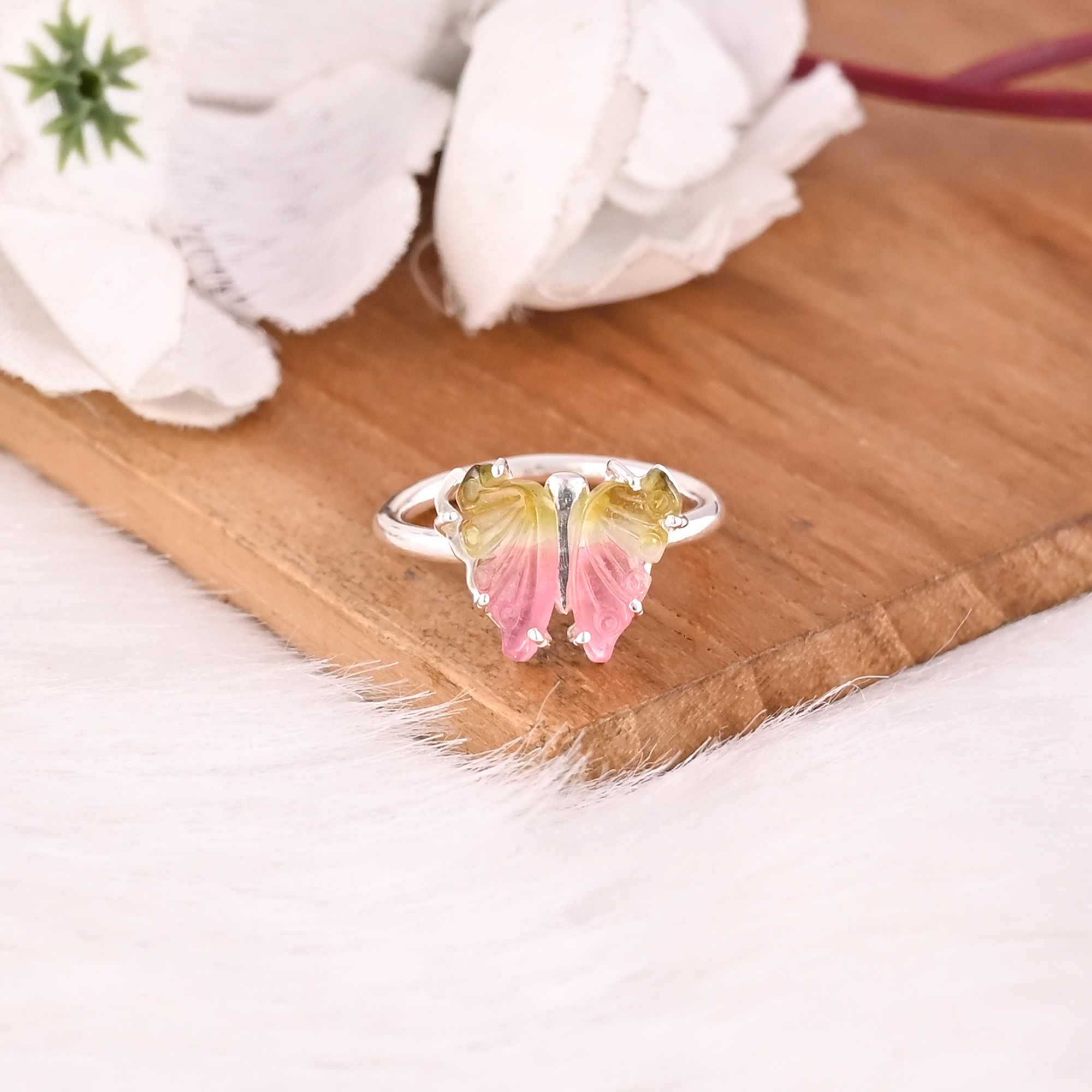 925 Sterling Silver Fine Jewelry Classic Style Bio Tourmaline Stone Ring with Natural Gemstone Butterfly Carving Ring