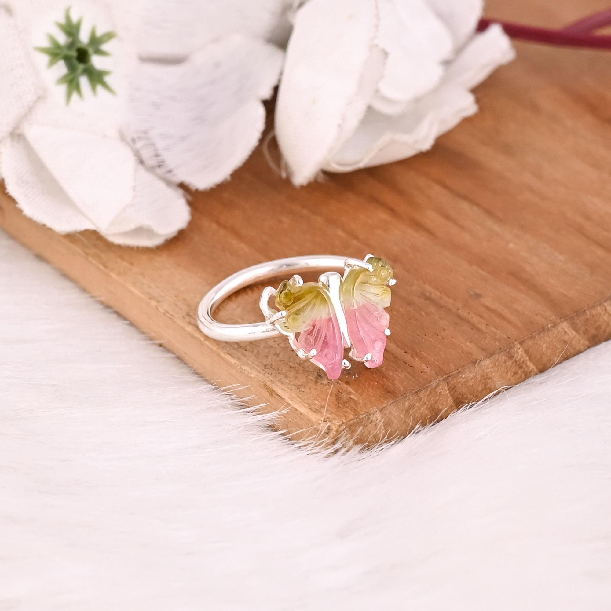 925 Sterling Silver Fine Jewelry Classic Style Bio Tourmaline Stone Ring with Natural Gemstone Butterfly Carving Ring