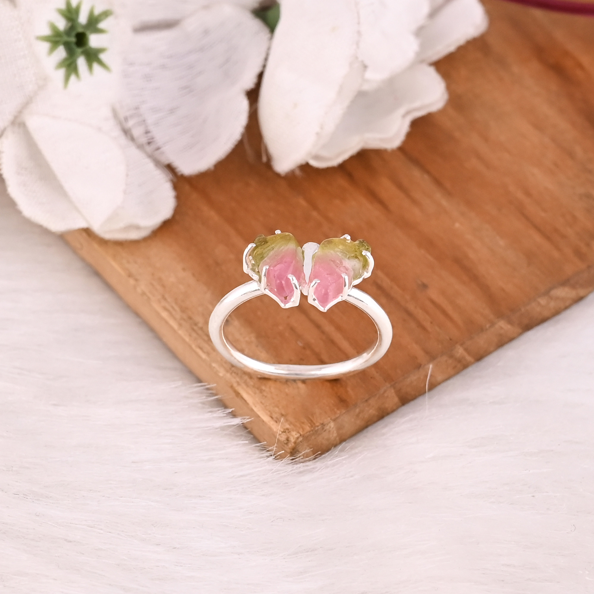 925 Sterling Silver Fine Jewelry Classic Style Bio Tourmaline Stone Ring with Natural Gemstone Butterfly Carving Ring