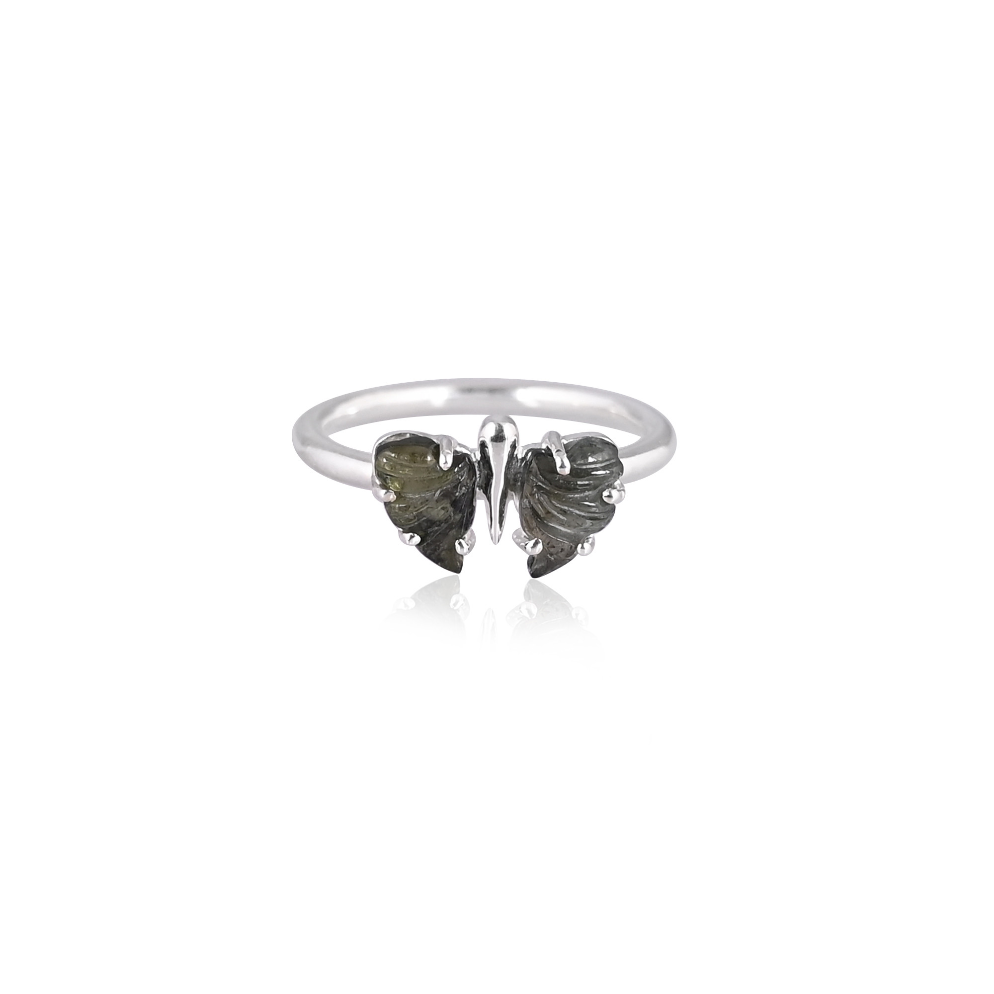 Solid 925 Sterling Silver Natural Bio Color Tourmaline Carving Gemstone Handmade Designer Butterfly Ring
