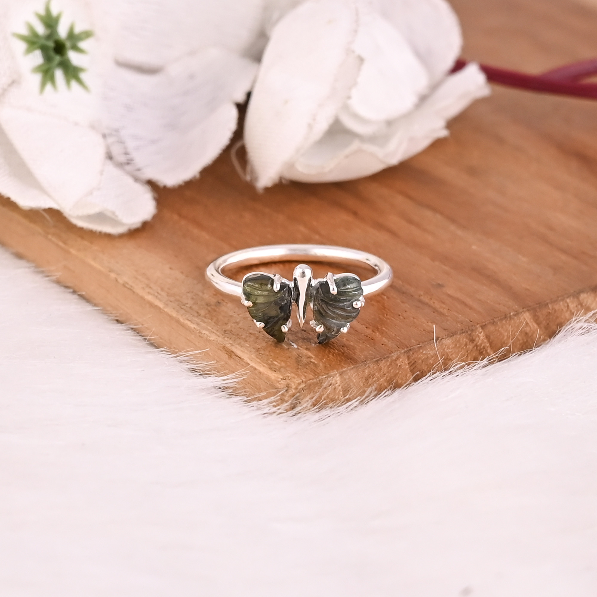 Solid 925 Sterling Silver Natural Bio Color Tourmaline Carving Gemstone Handmade Designer Butterfly Ring