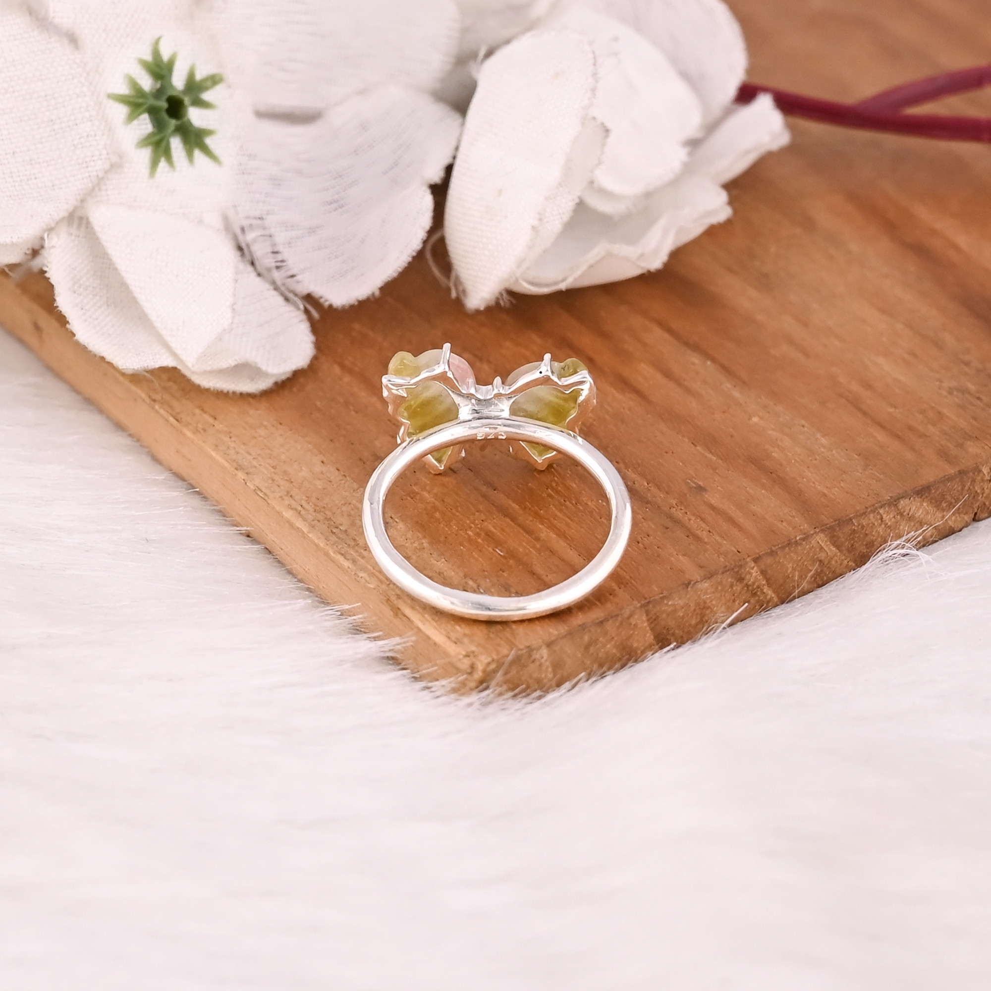 Solid 925 Sterling Silver Natural Bio Color Tourmaline Carving Gemstone Handmade Designer Butterfly Ring Gift For Her