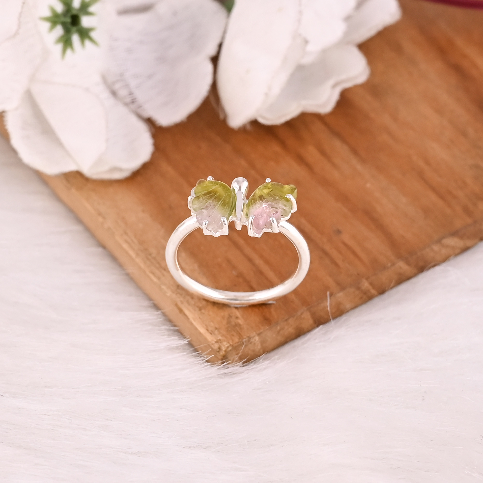 925 Sterling Silver Natural Bio Color Tourmaline Carving Gemstone Handmade Designer Butterfly Ring Stackable Ring Prong Setting Ring