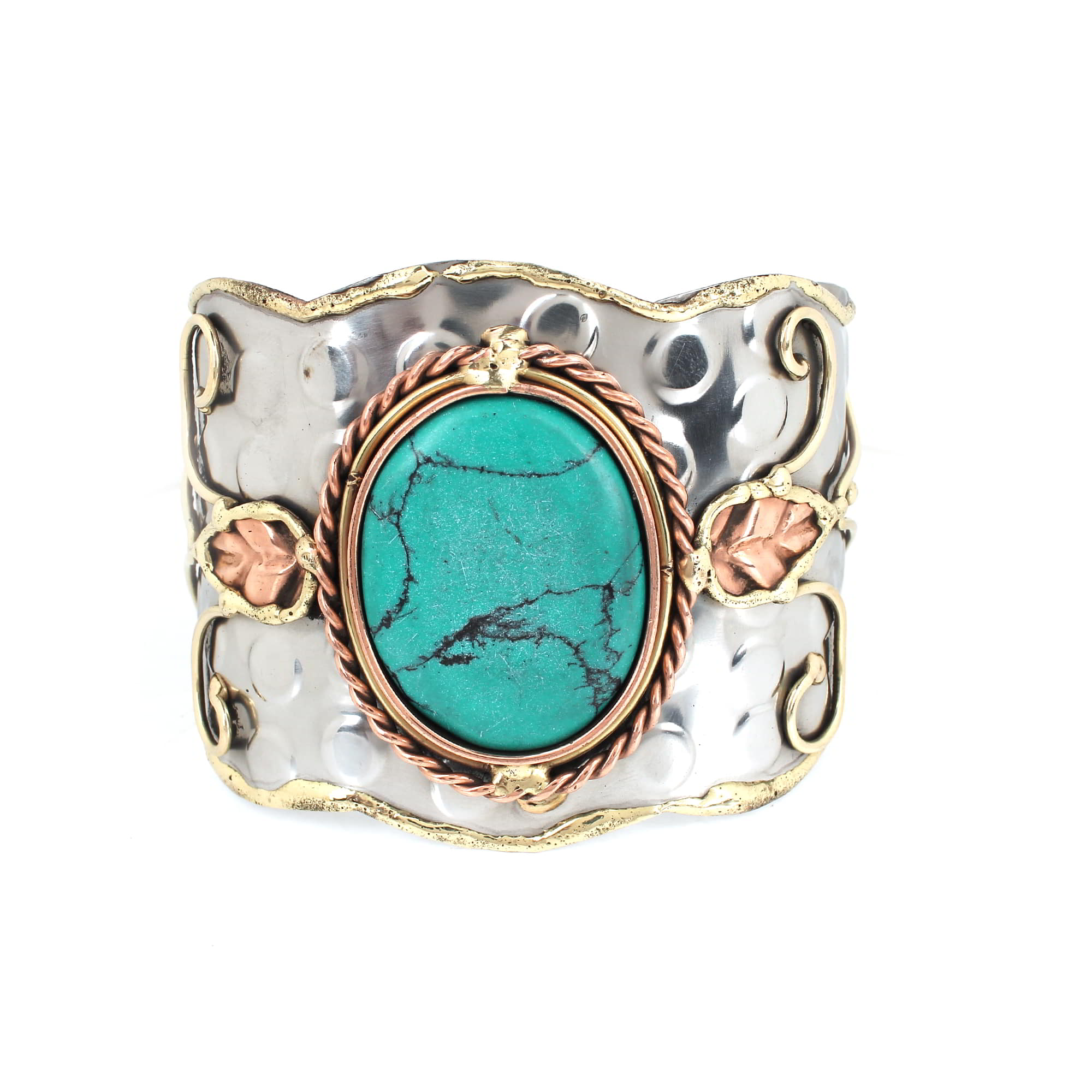 Turquoise Twisted Swirls Brass Hammered Cuff Bracelet