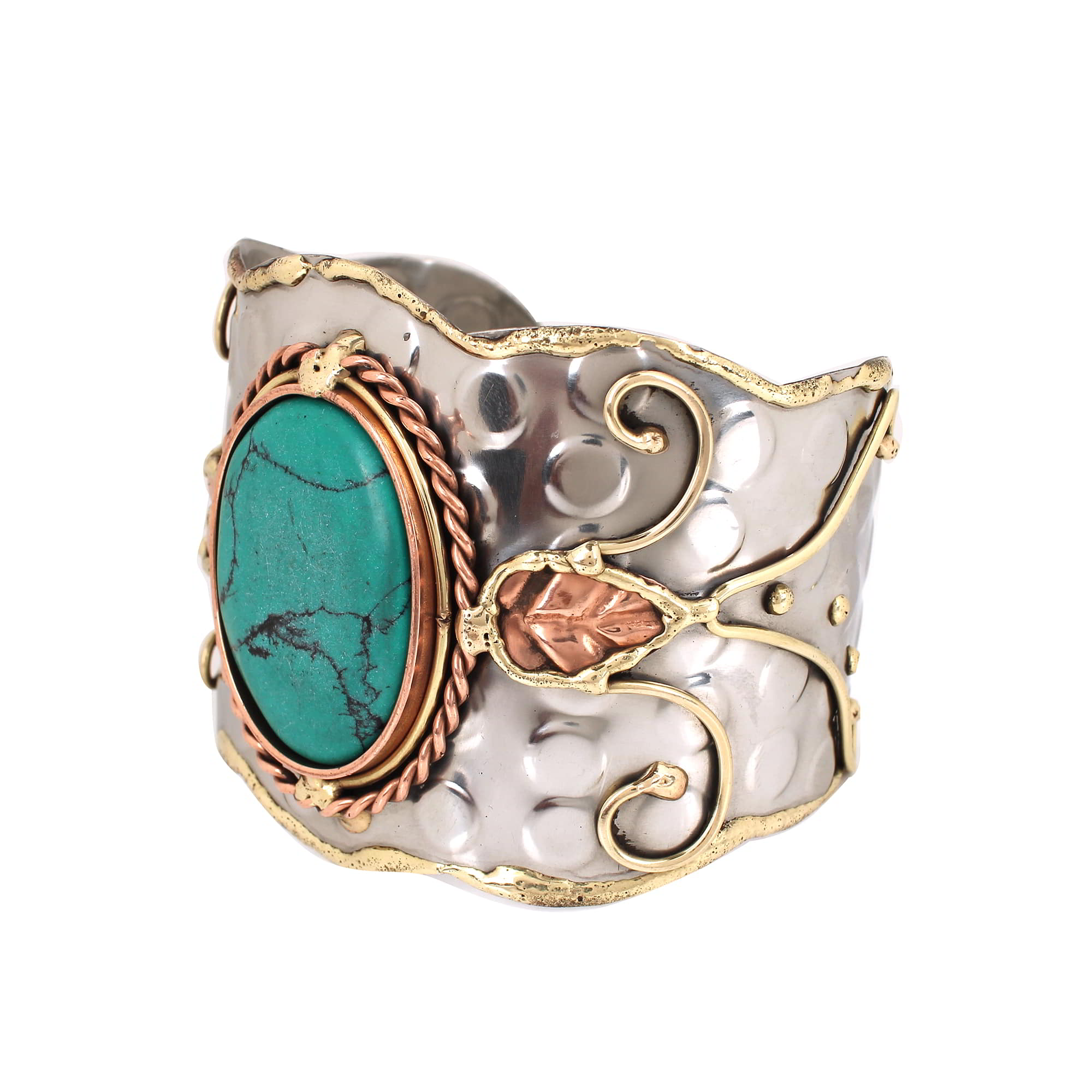 Turquoise Twisted Swirls Brass Hammered Cuff Bracelet