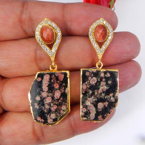 Sunstone Fireworks Obsidian amp CZ Gold Electroplated Stud Earring