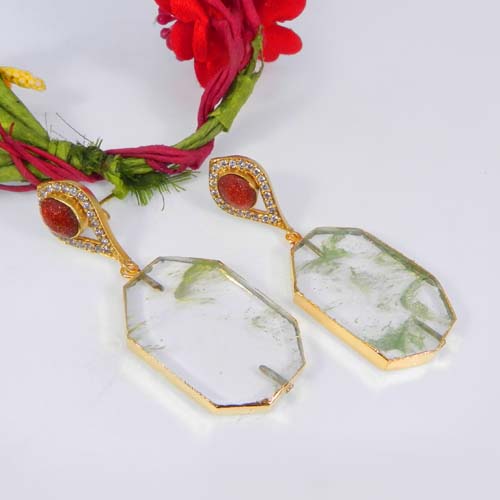 Sunstone Fireworks Obsidian amp CZ Gold Electroplated Stud Earring