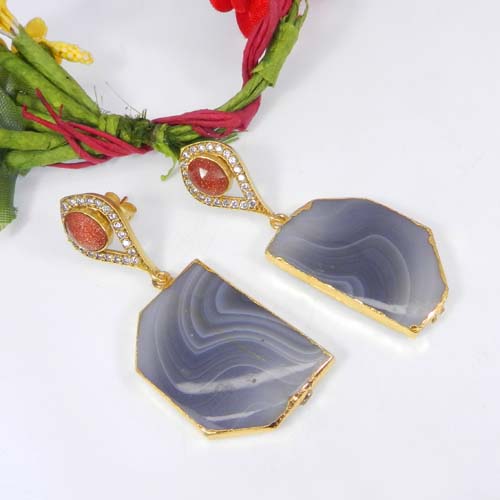 Sunstone Fireworks Obsidian amp CZ Gold Electroplated Stud Earring