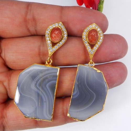 Sunstone Fireworks Obsidian amp CZ Gold Electroplated Stud Earring