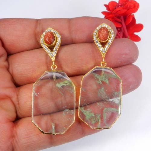 Sunstone Fireworks Obsidian amp CZ Gold Electroplated Stud Earring