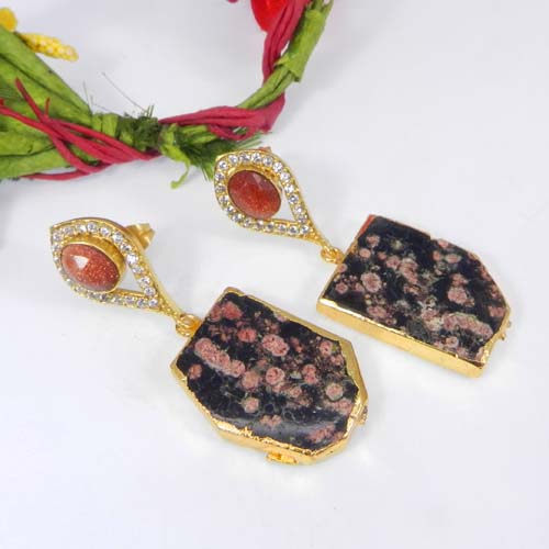 Sunstone Fireworks Obsidian amp CZ Gold Electroplated Stud Earring