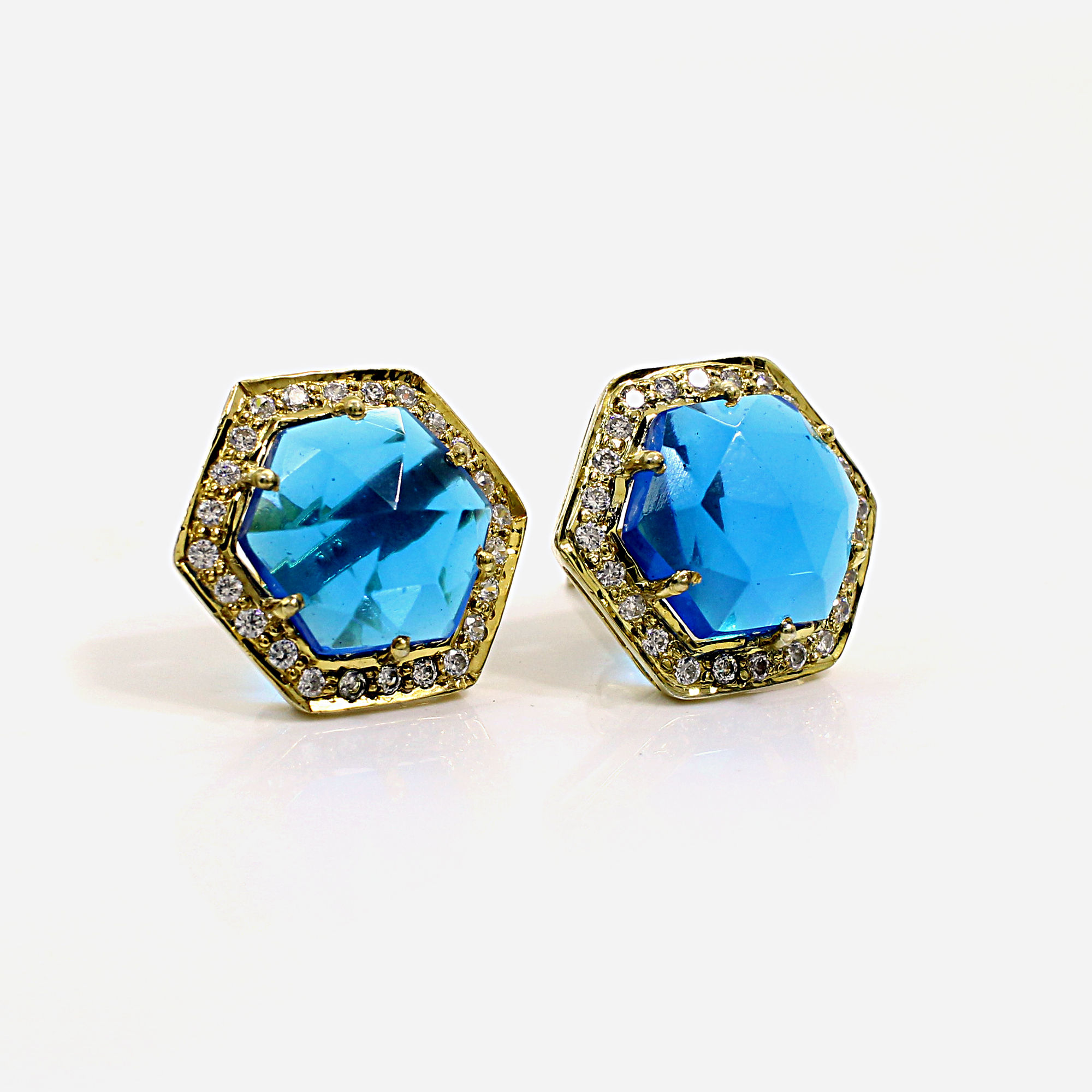 Swiss Blue Topaz Hydro with CZ Silver Stud Earrings
