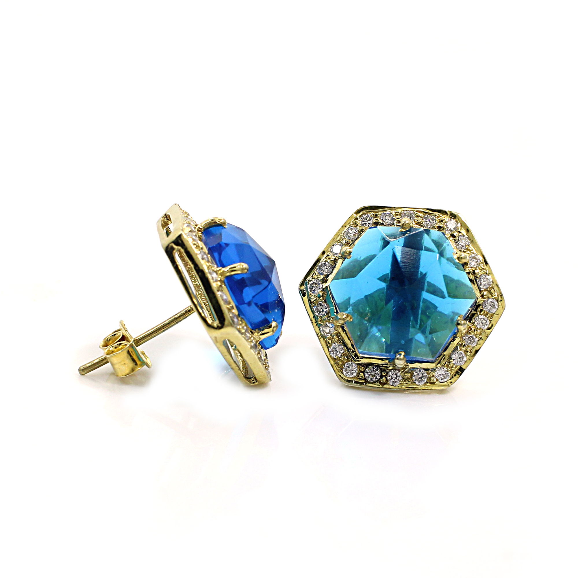 Swiss Blue Topaz Hydro with CZ Silver Stud Earrings