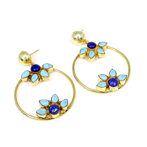 Synthetic Turquoise amp Natural Lapis Lazuli Gemstone Brass Gold Plated Earring
