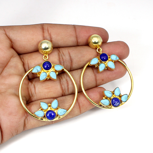 Synthetic Turquoise amp Natural Lapis Lazuli Gemstone Brass Gold Plated Earring