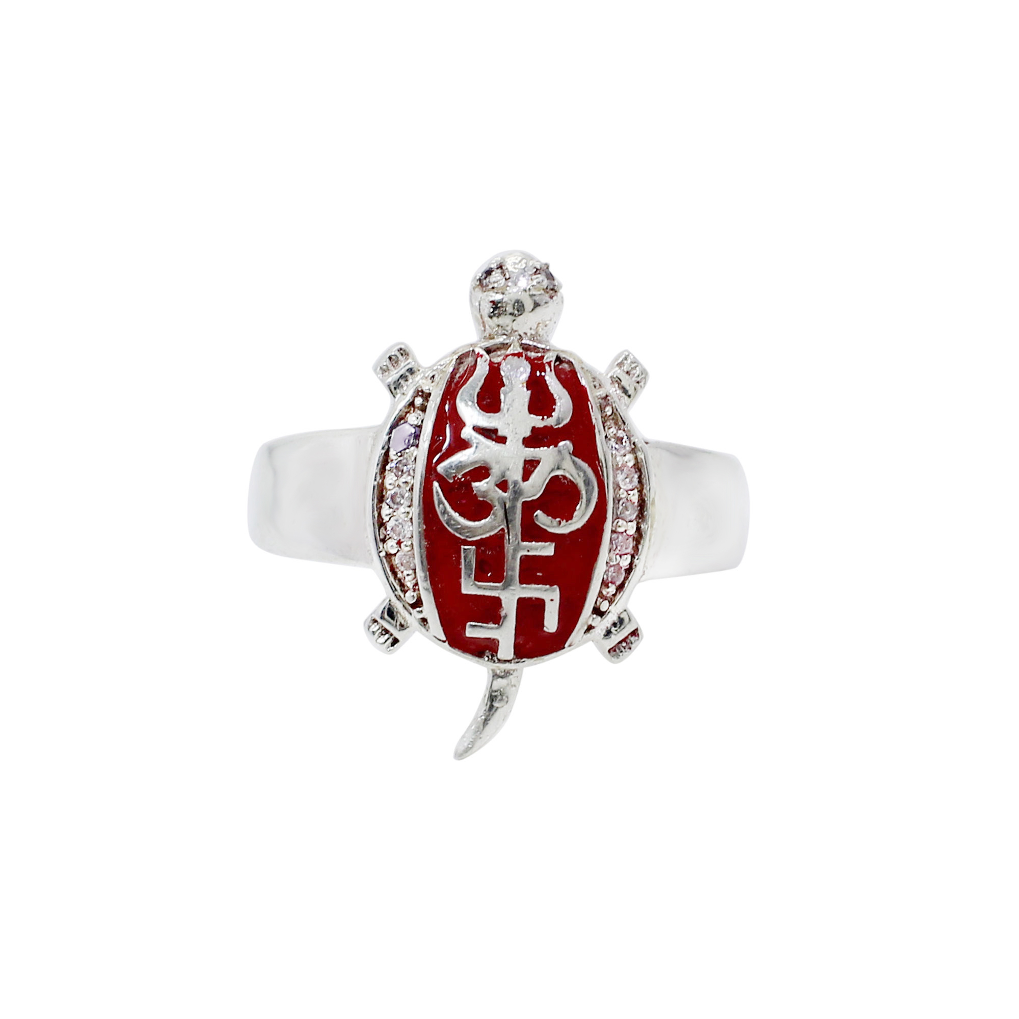 Trishul Om Swastik Tri-Sahkti Tortoise 925 Silver With CZ Stone Ring