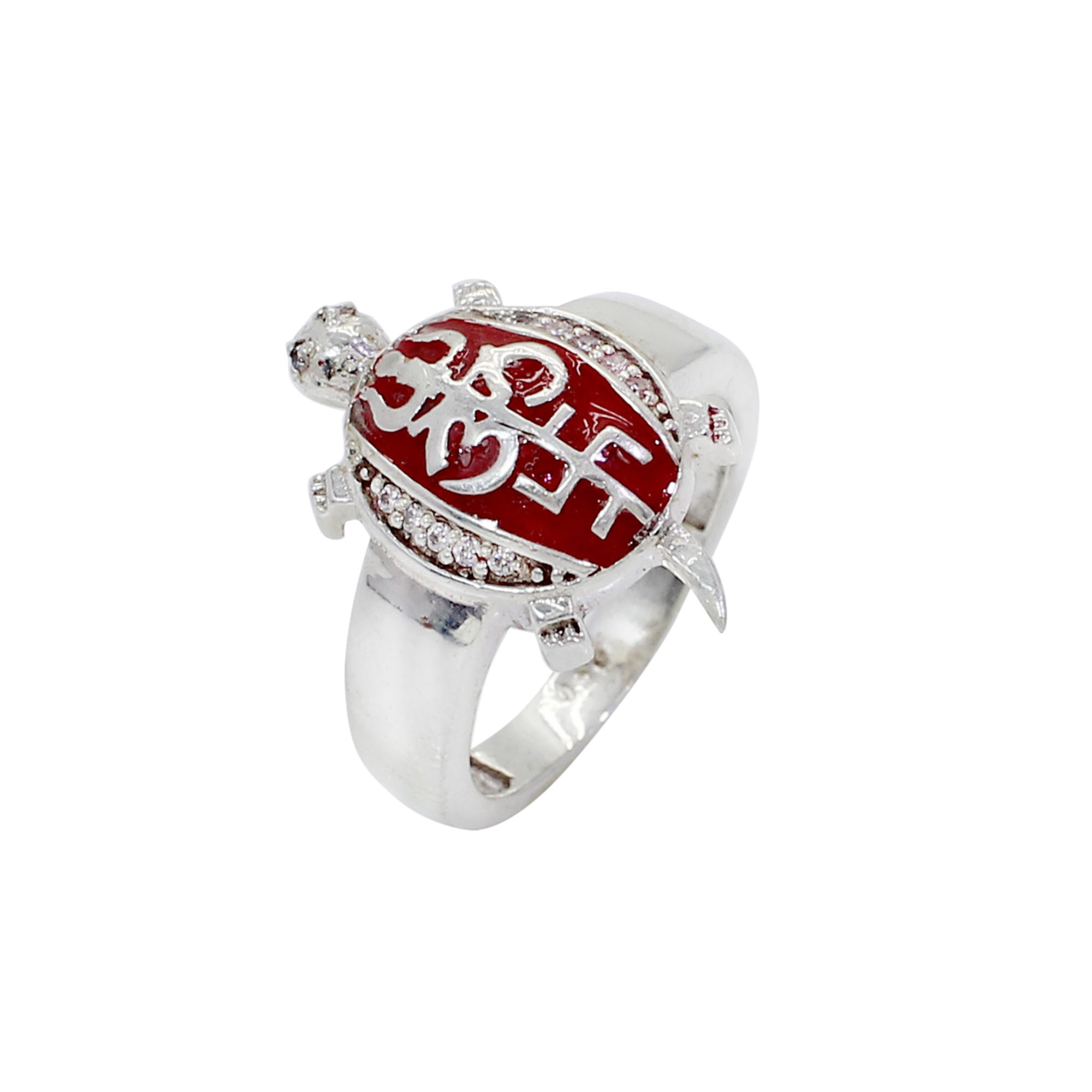 Trishul Om Swastik Tri-Sahkti Tortoise 925 Silver With CZ Stone Ring