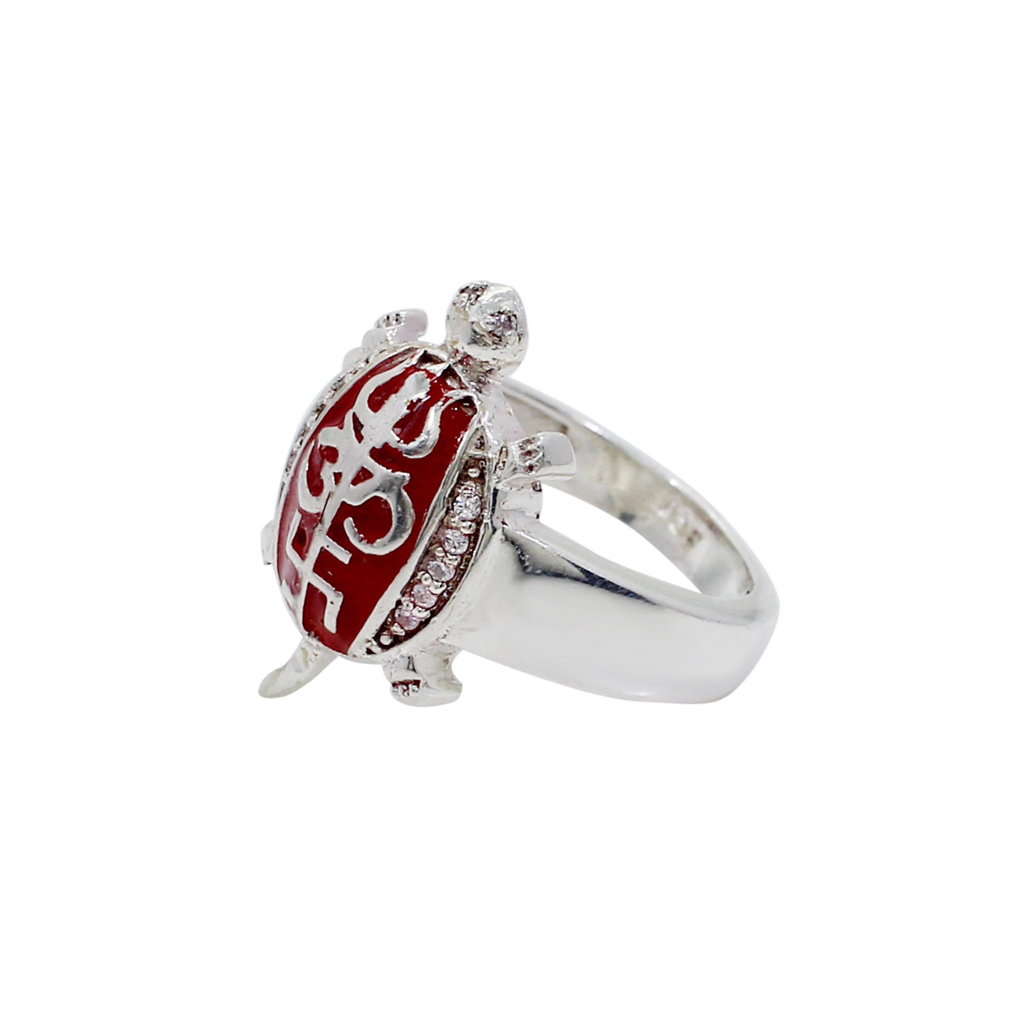 Trishul Om Swastik Tri-Sahkti Tortoise 925 Silver With CZ Stone Ring