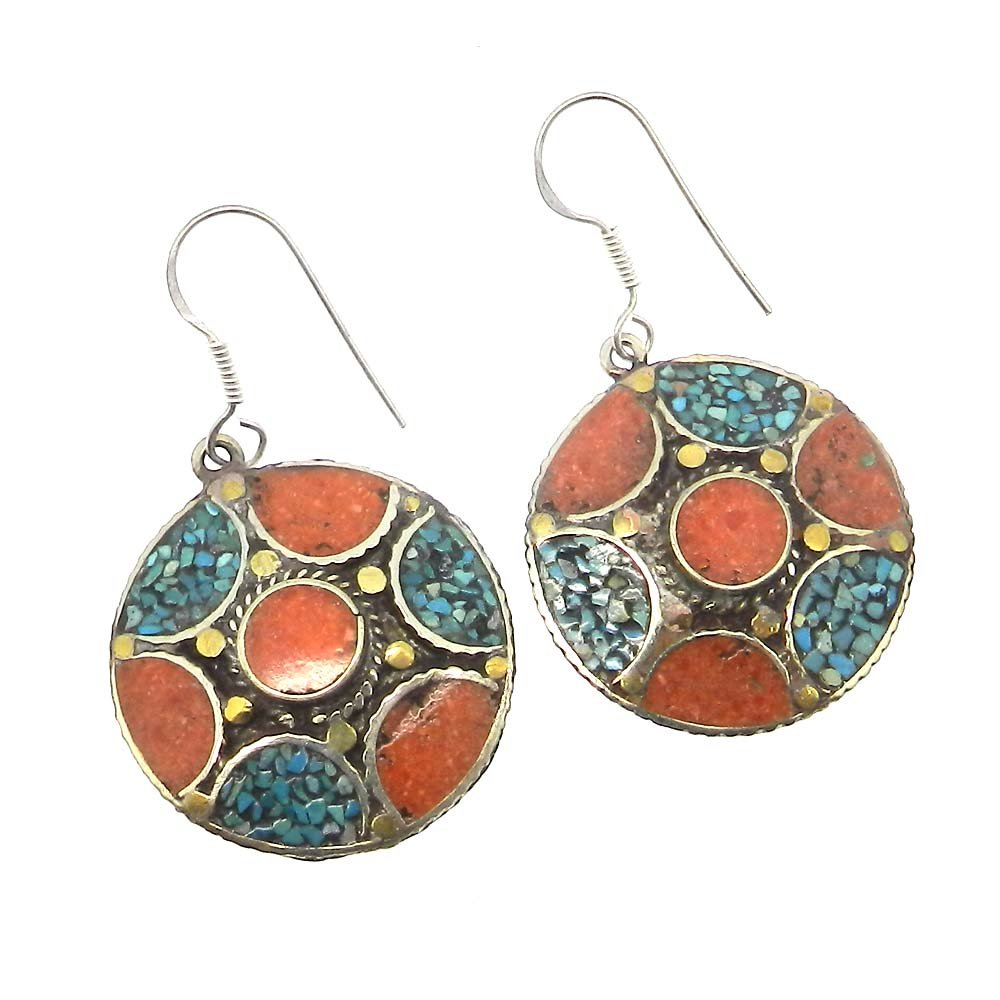 Image of Vintage Designer Coral &amp;amp; Turquoise Inlay German Silver Dangle Earring