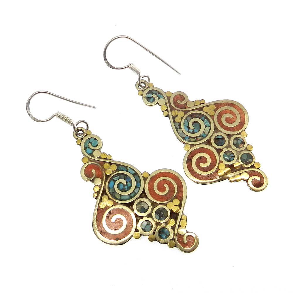 Image of Vintage Designer Coral &amp;amp; Turquoise Inlay German Silver Dangle Earring