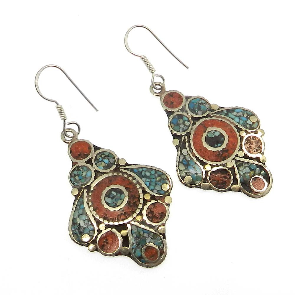 Image of Vintage Designer Coral &amp;amp; Turquoise Inlay German Silver Dangle Earring