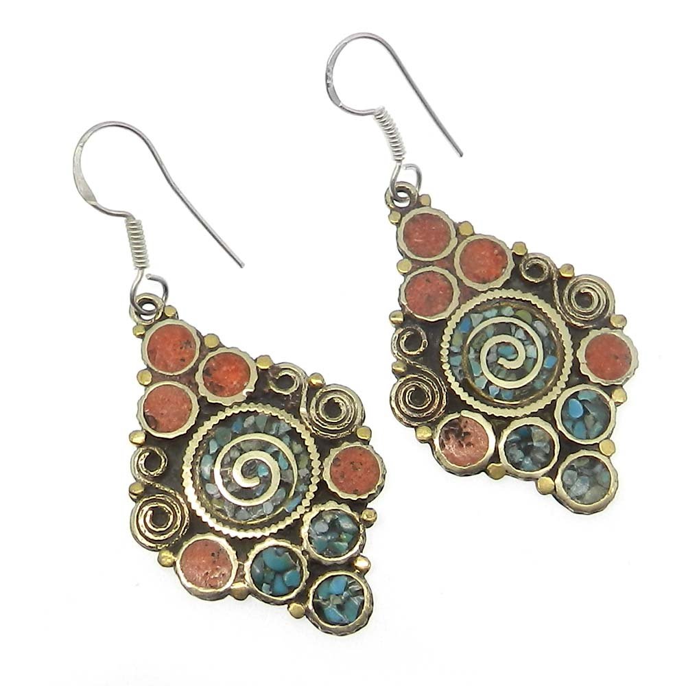 Image of Vintage Designer Coral &amp;amp; Turquoise Inlay German Silver Dangle Earring