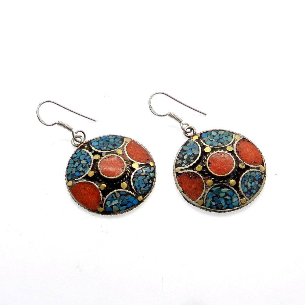 Image of Vintage Designer Coral &amp;amp; Turquoise Inlay German Silver Dangle Earring