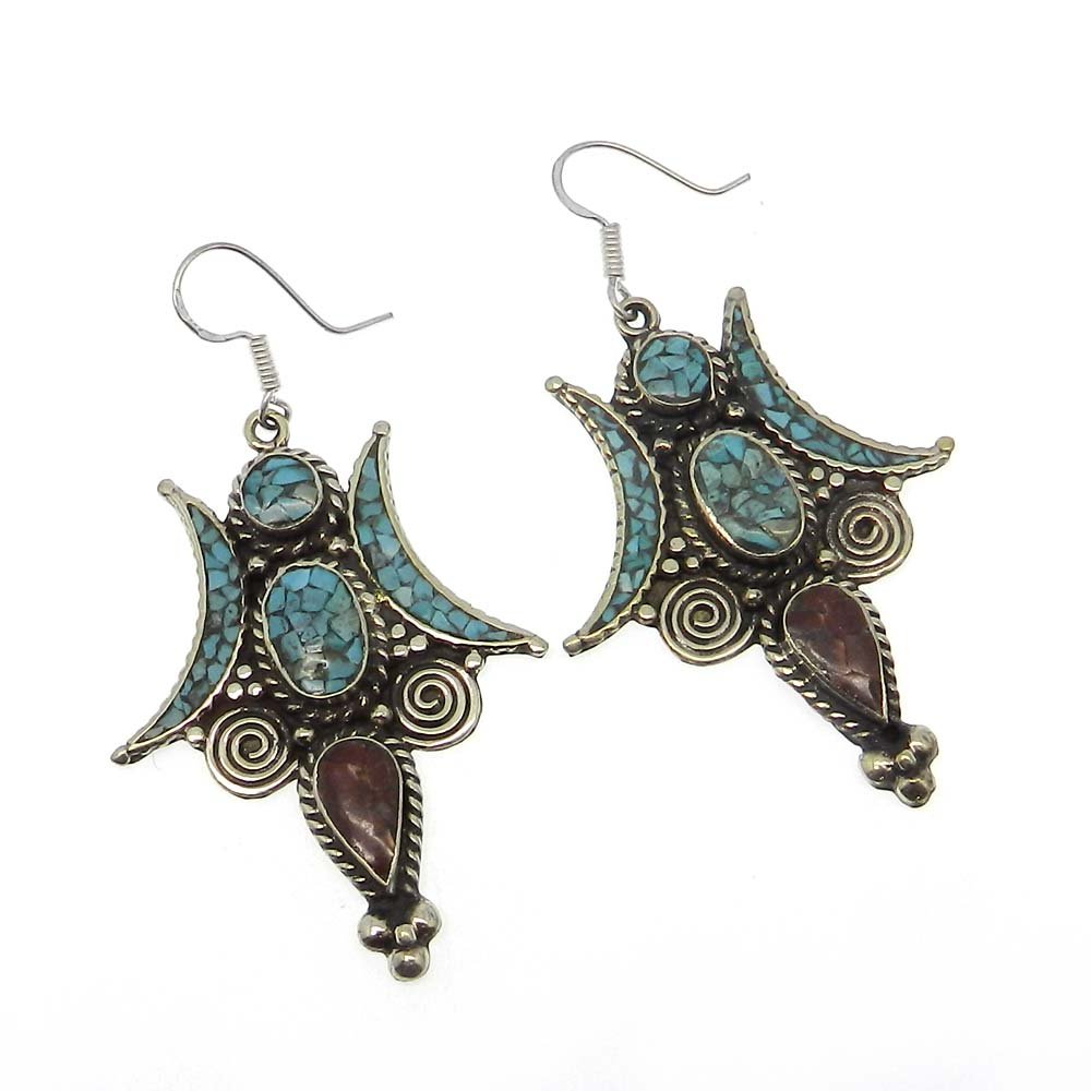 Image of Vintage Designer Coral &amp;amp; Turquoise Inlay German Silver Dangle Earring