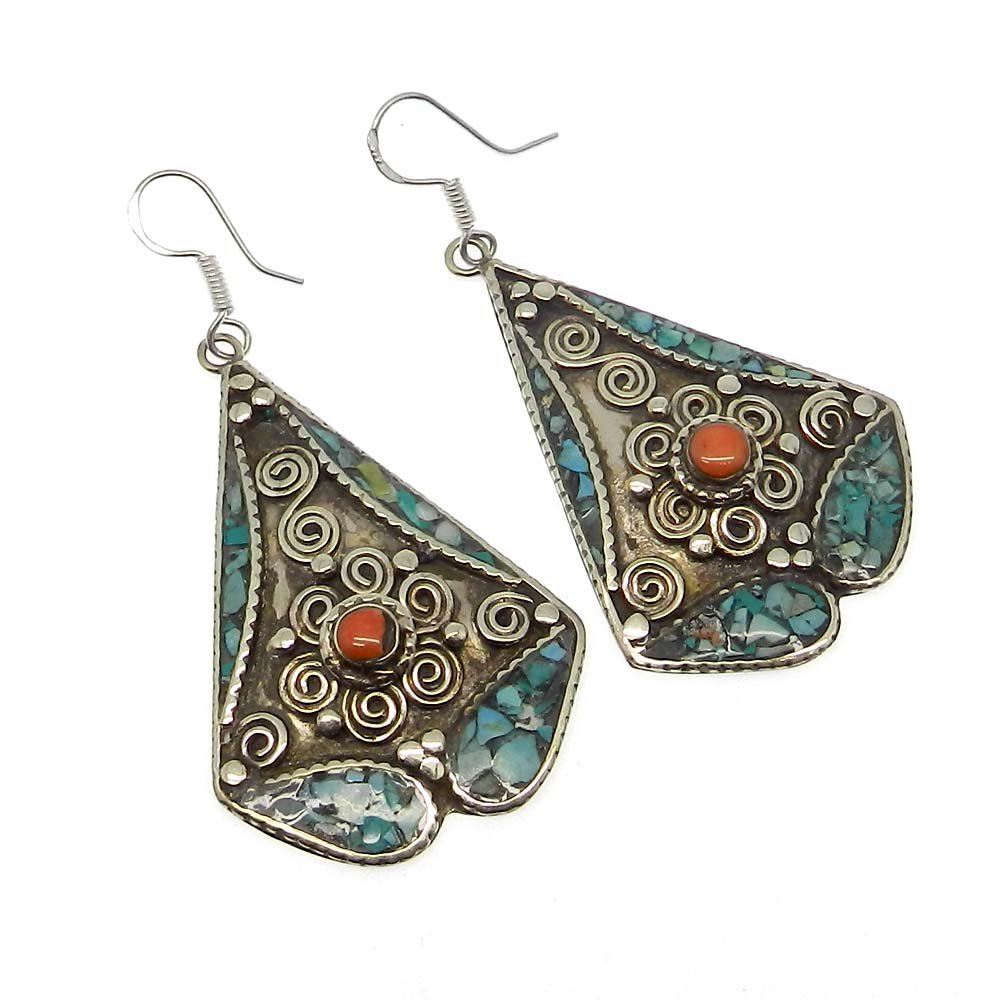 Image of Vintage Designer Coral &amp;amp; Turquoise Inlay German Silver Dangle Earring