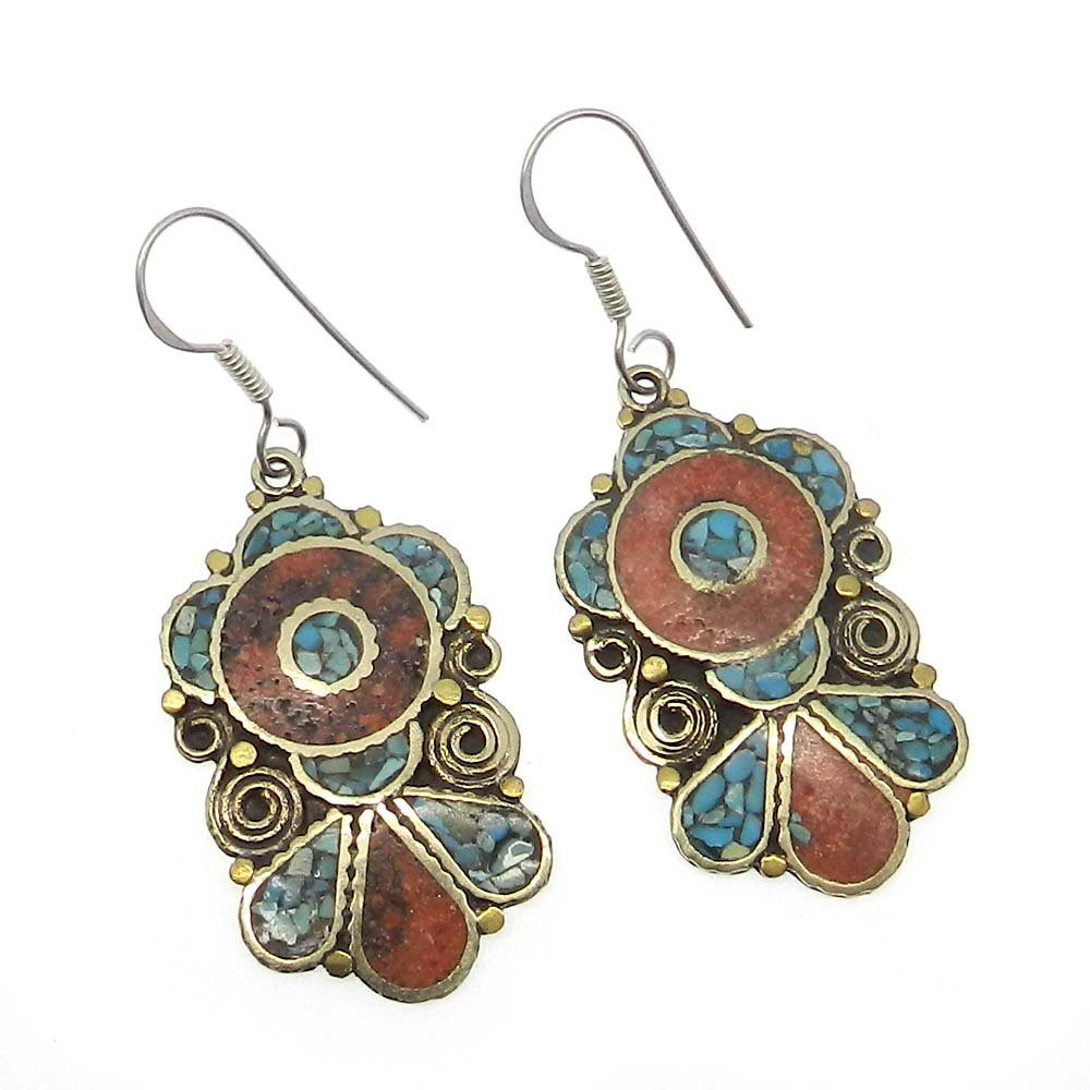 Image of Vintage Designer Coral &amp;amp; Turquoise Inlay German Silver Dangle Earring