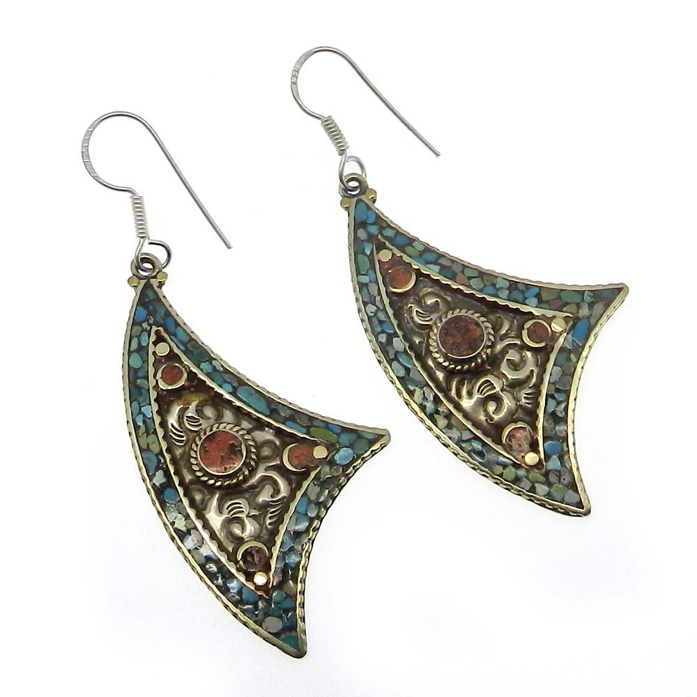 Image of Vintage Designer Coral &amp;amp; Turquoise Inlay German Silver Dangle Earring