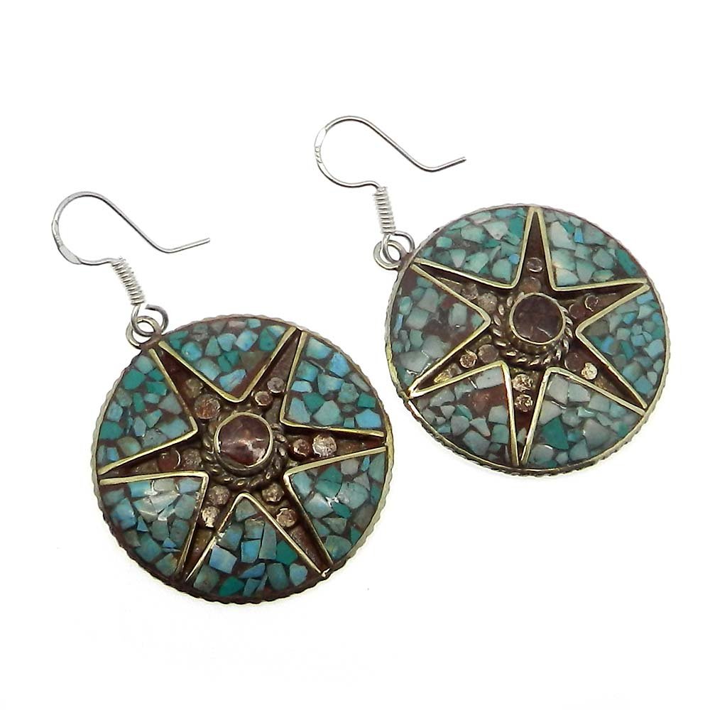 Image of Vintage Designer Coral &amp;amp; Turquoise Inlay German Silver Dangle Earring