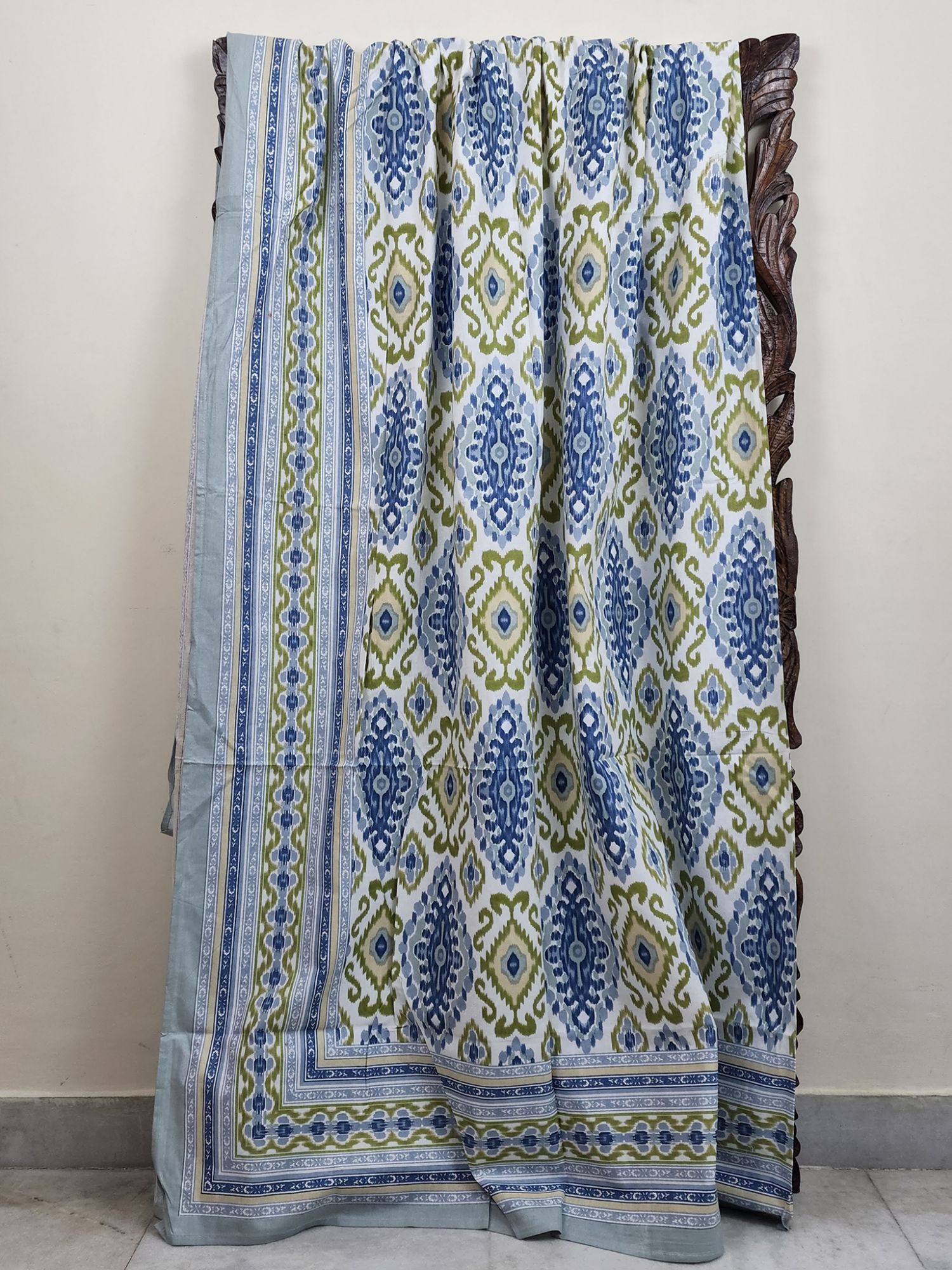Ikkat Pure Cotton Handmade Artisanal Kingsize Double Bedsheet Moss Green Aegean Blue White